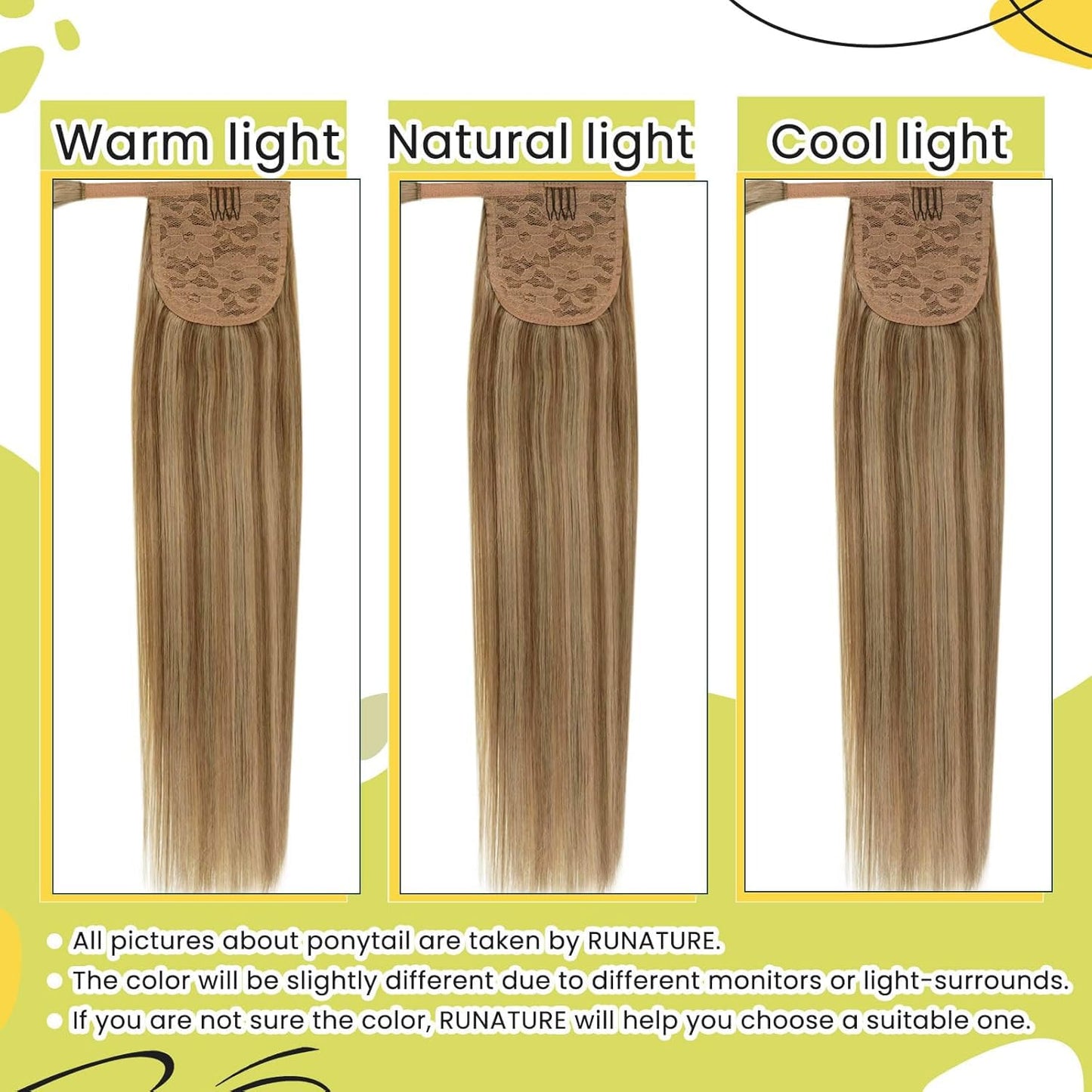 RUNATURE Human Hair Ponytail Clip in Extensions 12 Inch Straight Hair Wrap Around Ponytail Extensions Light Brown Highlighted Blonde Ponytails Remy Hair Extensions for Women 70g