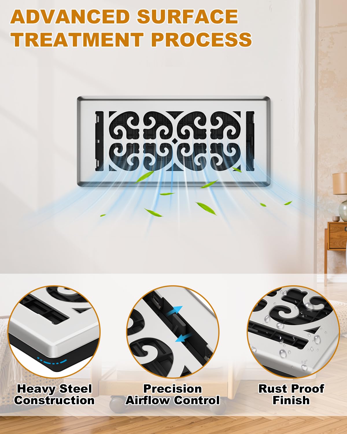 Floor Vent Covers 4x10 Inch - Heavy Duty Walkable Air Vent Cover for Home Floor & Wall - Decorative 2MM Thicker Metal Floor Register with Easy Adjust Airflow Switch - Satin Nickel HVAC Vents - 5 Pack
