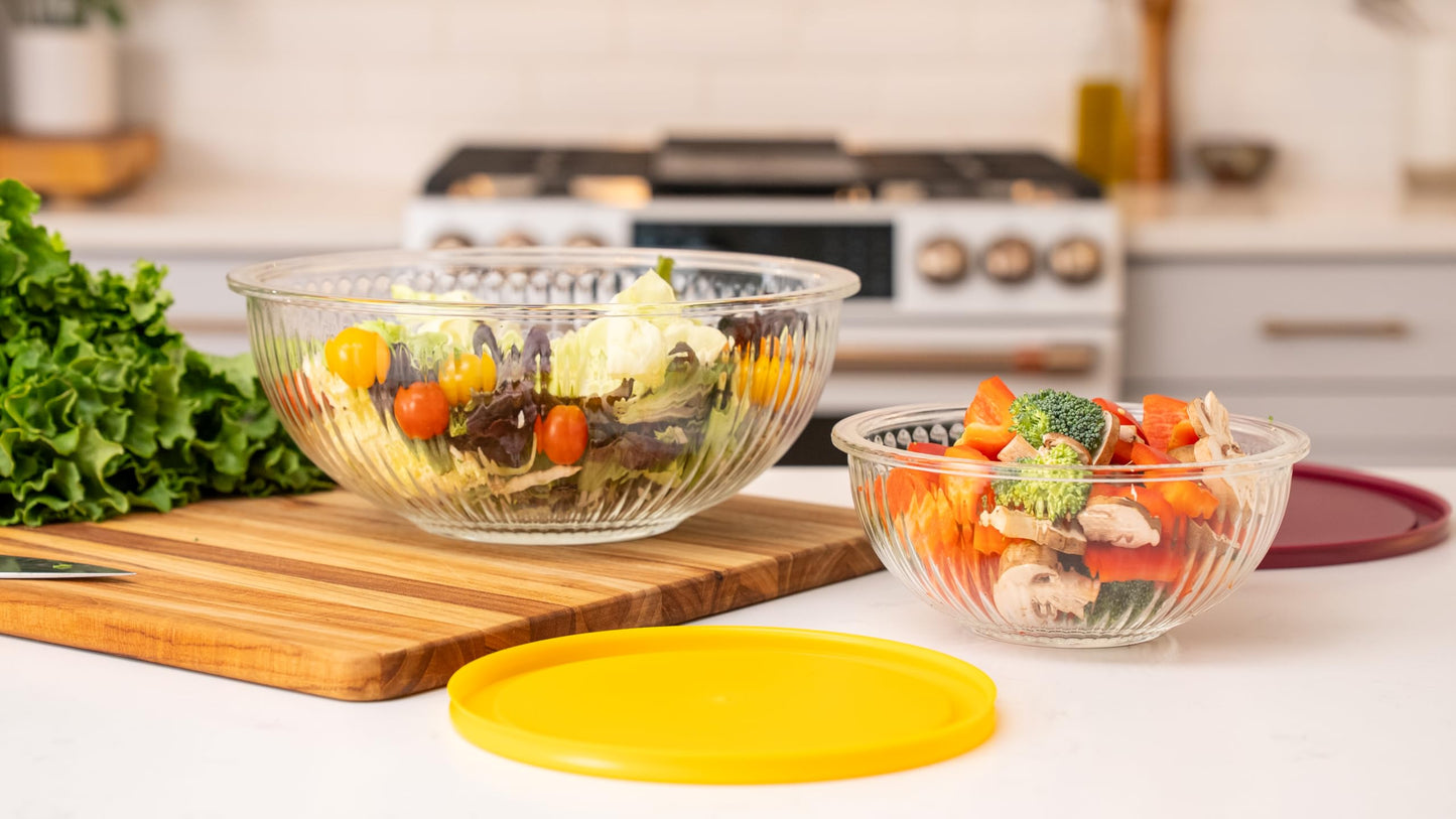Ceywa Sculpted 3 Pack Glass Mixing Bowls (1.1 QT, 2.1 QT, 3.7 QT) – Borosilicate Glass Bowls with Airtight BPA-Free Lids, Nesting Bowls for Baking and Prepping Food, Oven, Freezer & Microwave Safe