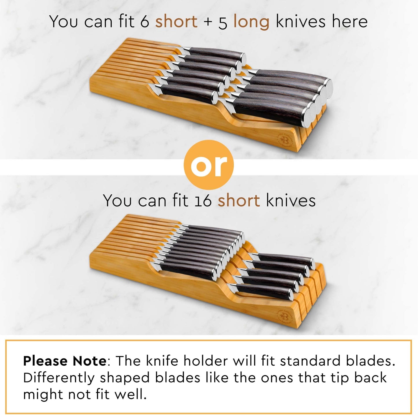 Knife Drawer Organizer - Bamboo in-Drawer Knife Block Holder for Kitchen, Wooden Knife Organizer Drawer Insert, Knife Storage Drawer Block for Steak, Chef, Utility Knives, Holds up to 16 Short Knives