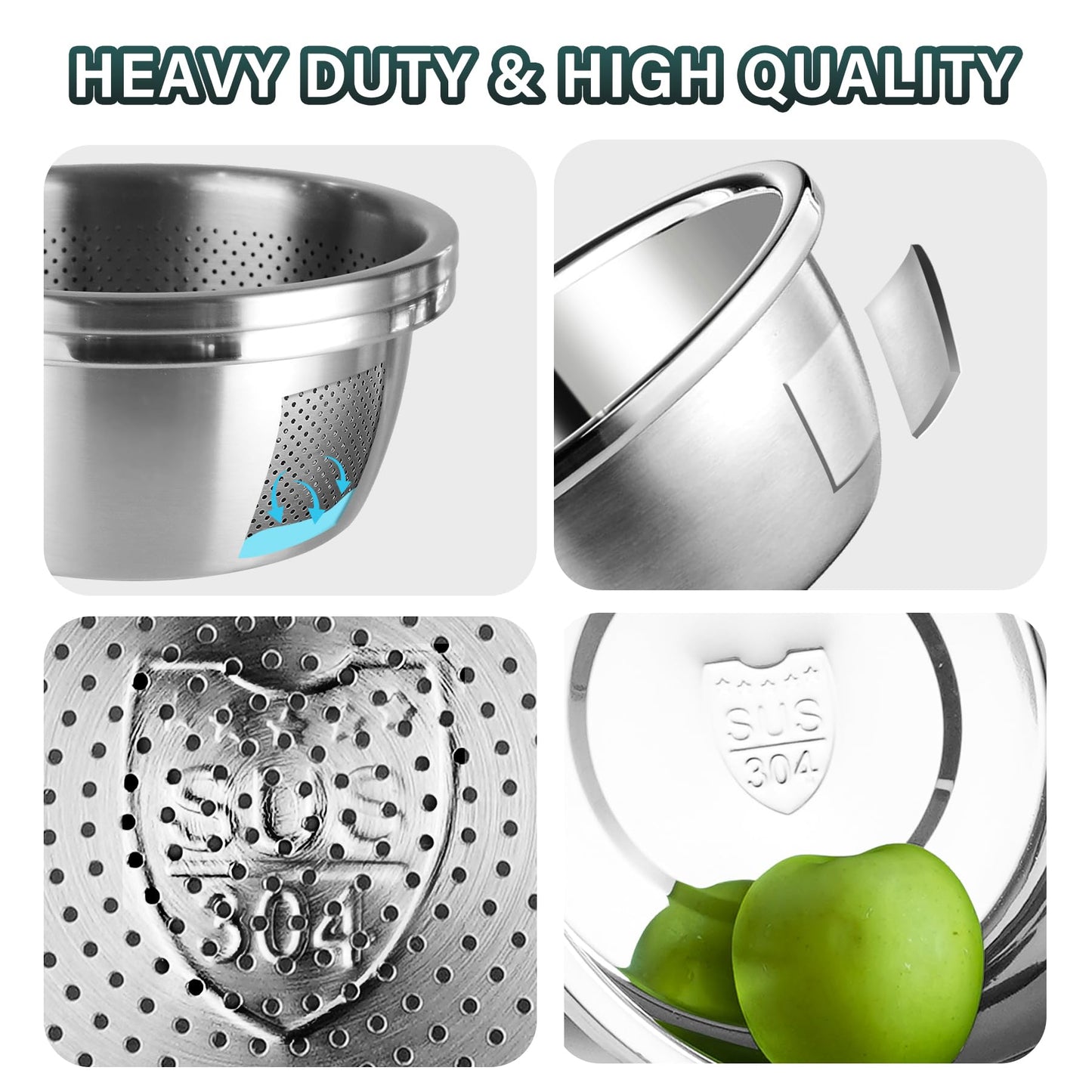 POPGRADE 304 Stainless Steel Colander with Bowl, 5-Qt Large Rice Washing Bowl Colander Food Strainers Set, Fruit Vegetable Washing Basket, Pasta Rice Rinser Strainer Washer (2pcs)