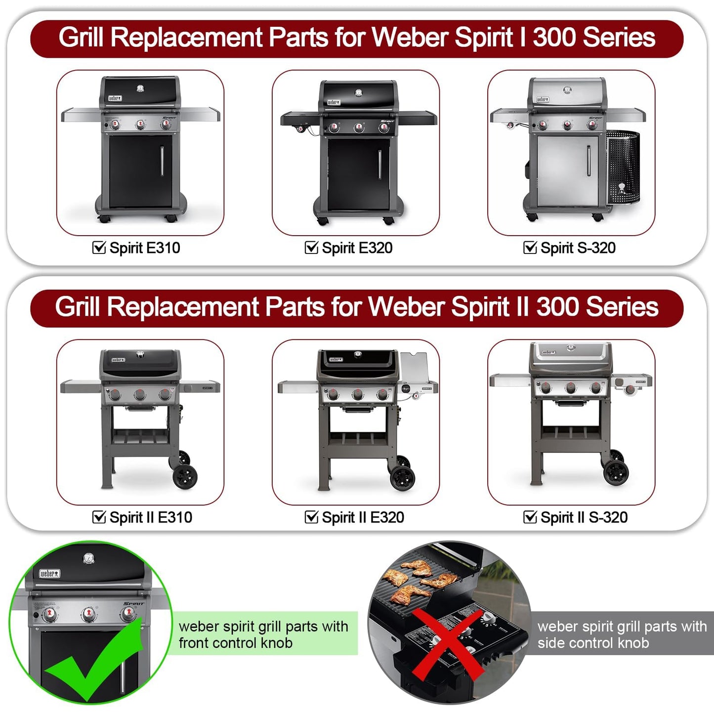 Hiorucet BBQ Replacement Parts for Weber Spirit 300 Series E310 E320 E330 S310 S320 S330, Weber Spirit II 300 Series Gas Grill with Front-Mounted Control, 7636 Flavorizer Bars and 69787 Burner Tubes