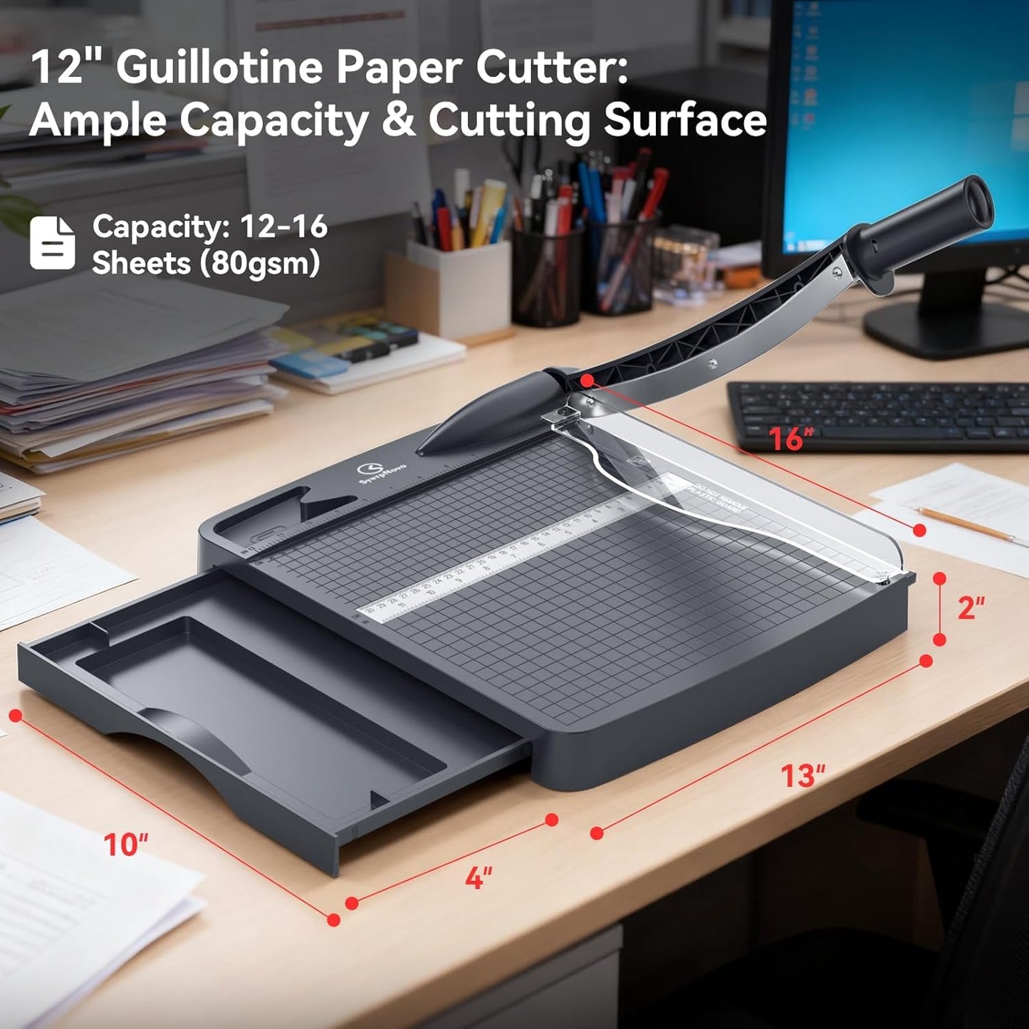 12 Inch Heavy Duty Paper Cutter, 12-16 Sheets Capacity Guillotine Paper Cutter & Paper Trimmer, Paper Cutting Board for Classroom, Crafting, Cardstock (Gray)