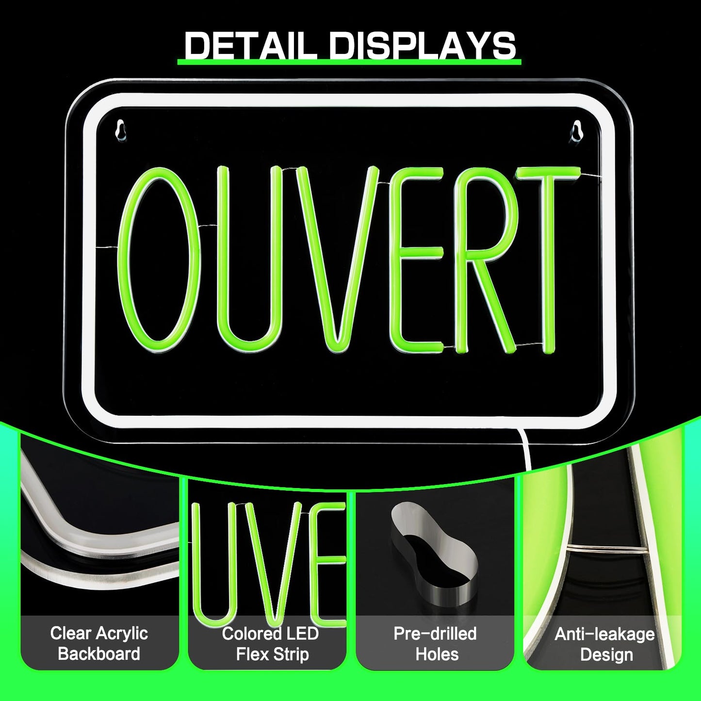 ReyeeInc Signe Ouvert Pour les entreprises, Bright and Dimmable Ouvert Sign Francais LED and USB Light up French Open Sign for Business Window Shop Store Restaurant Salon Bar Wall Office (15.4*10.2")