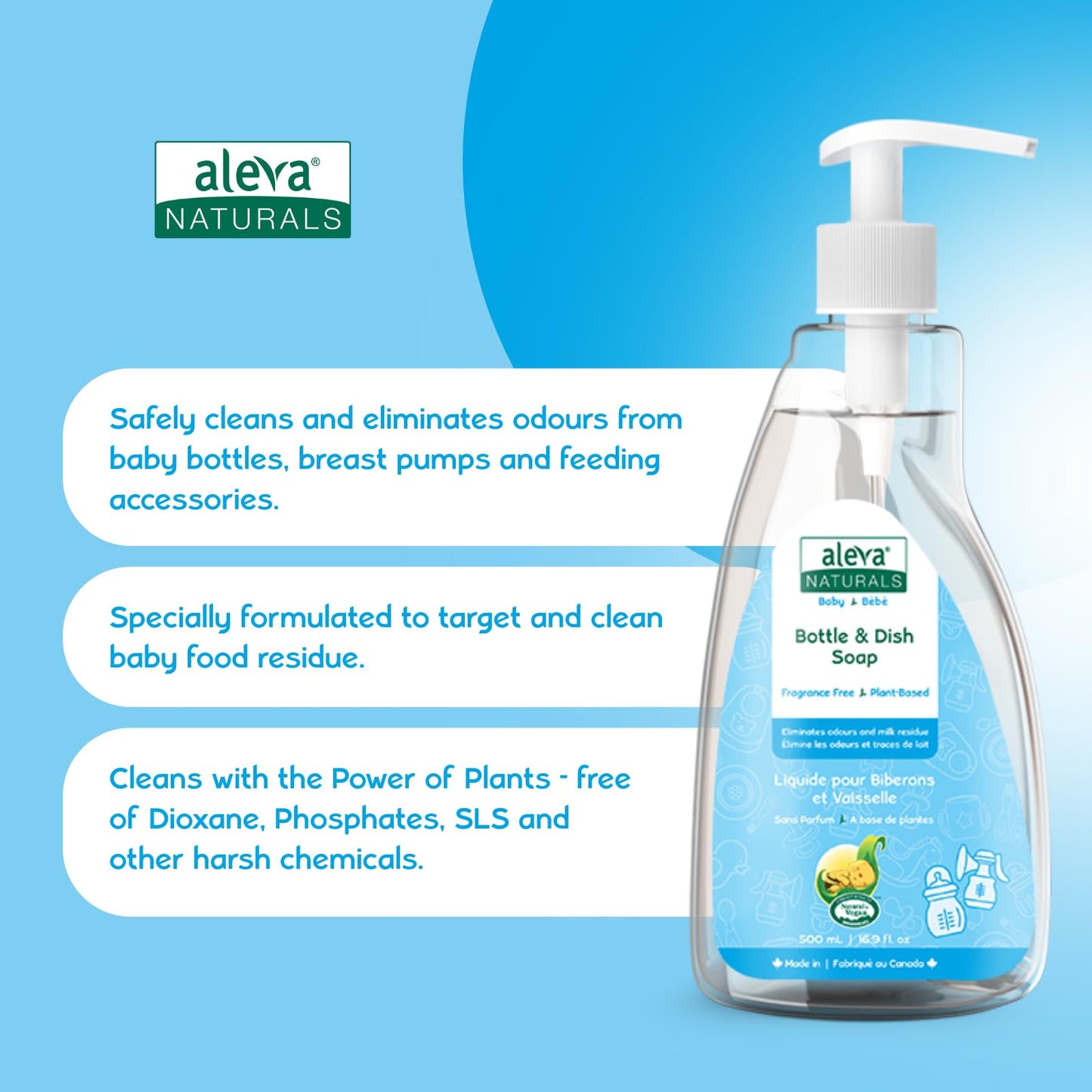 Aleva Naturals Hypoallergenic Bottle and Dish Wash Liquid - Plant-Based and Fragrance-Free Formula, Dish Soap to Clean Baby Feeding Cups and Breast Pumps- 3L VALUE PACK (500ml x 6)