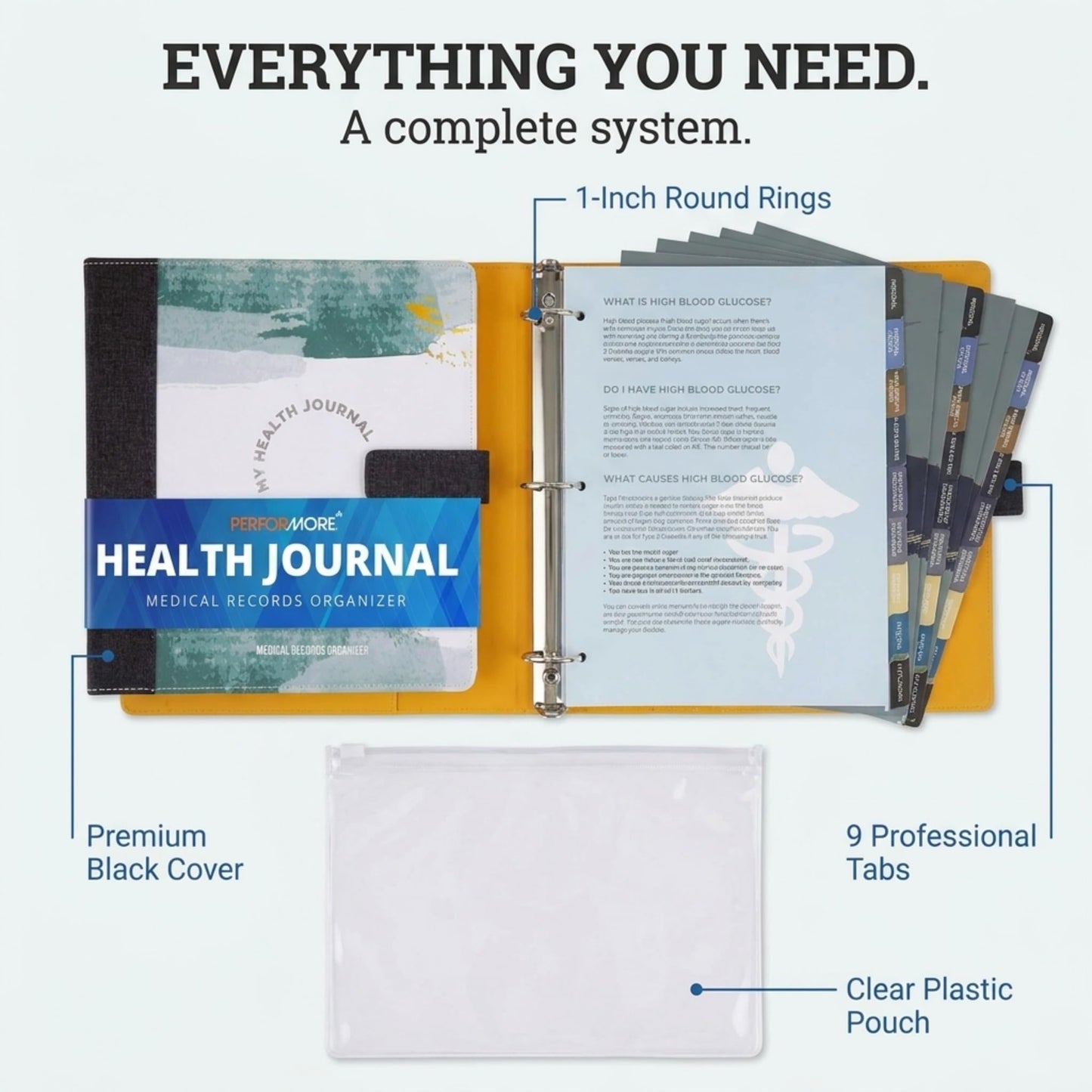 Performore My Health Journal Medical Records Organizer, Professionally Printed Tabs in a 3-Ring Binder, Medical Record Book for Patients, Caregivers and Family