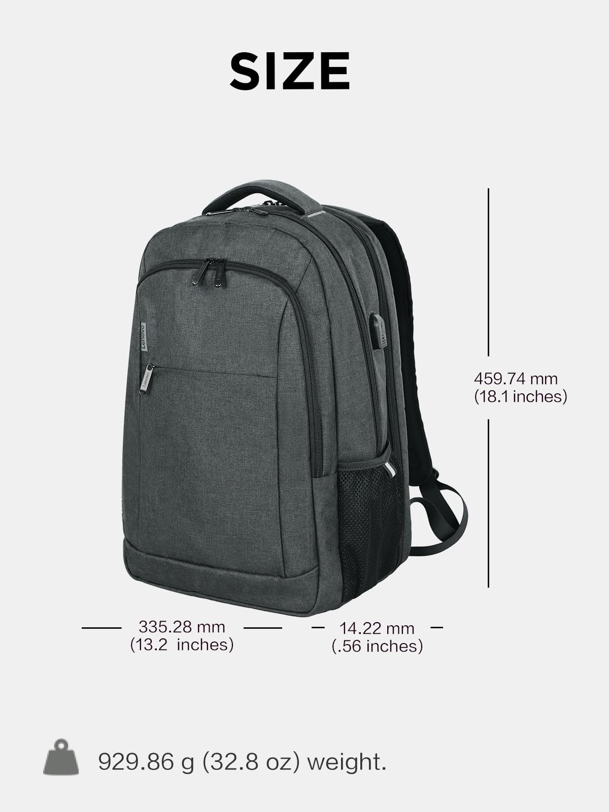 Lenovo B325 Laptop Backpack 35L, Anti Theft, 2 Compartments, External USB Port,Luggage Strap, Grey