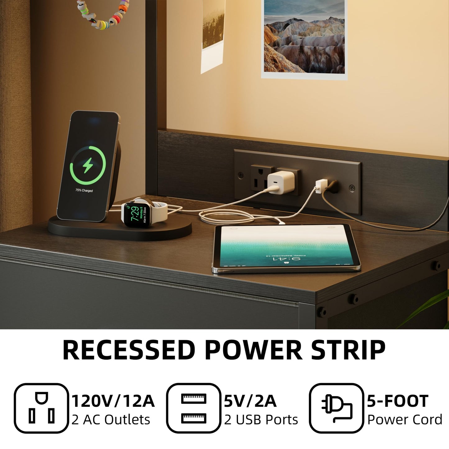 SJAVX Night Stand with Charging Station, End Table with LED Light, Small Bedside Table with Wood Shelf, 4 Fabric Drawers Side Table for Bedroom, Black