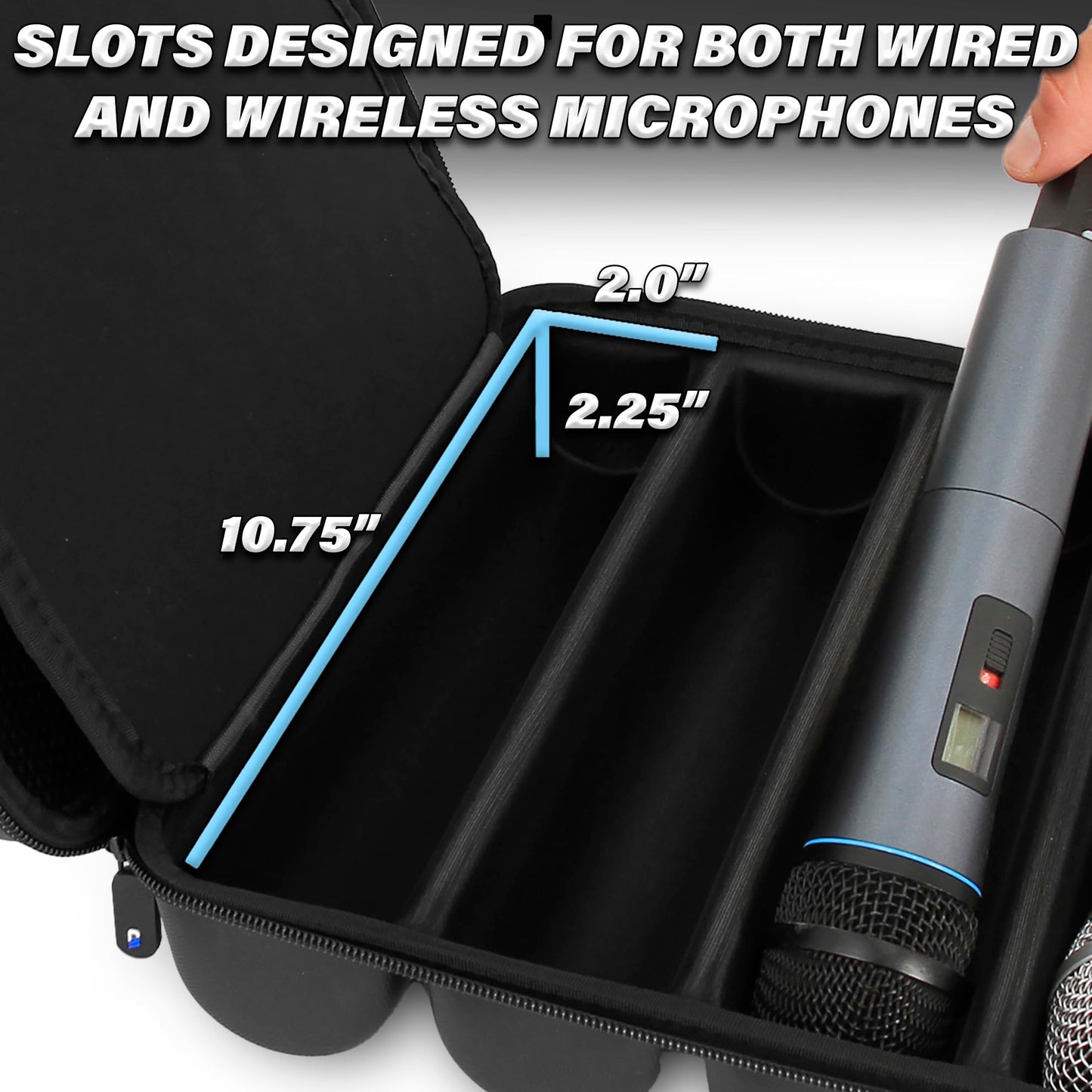 CASEMATIX Wireless Microphone Case Compatible with Four Wireless Microphone System Microphones up to 10.8" by Sennheiser, Shure and More, Stylish Microphone Case for