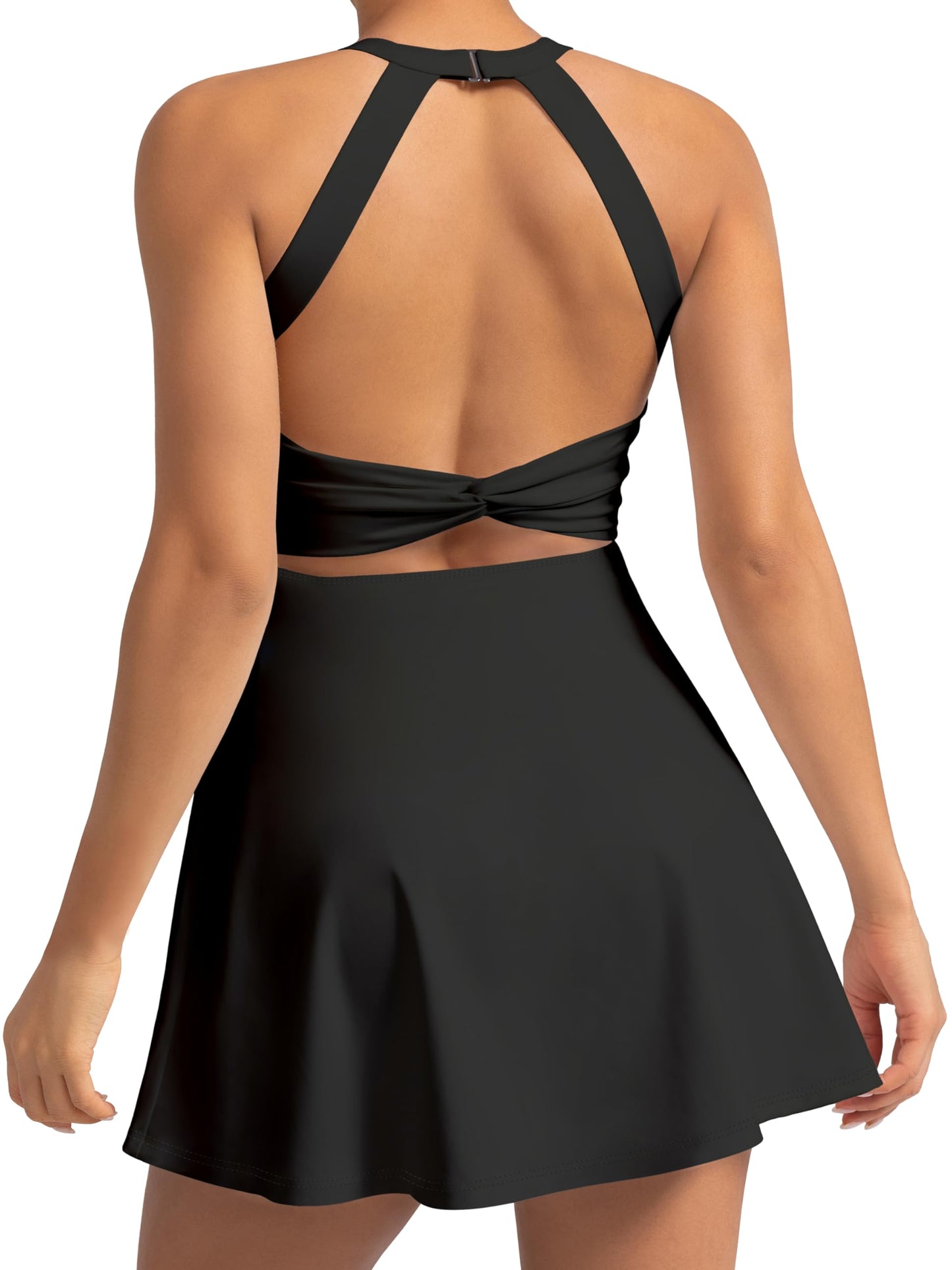 MIRITY Cut Out Easy Pee Twisted Activewear Tennis Dress for Women - with Built in Shorts and Pockets, 1 Black, Small