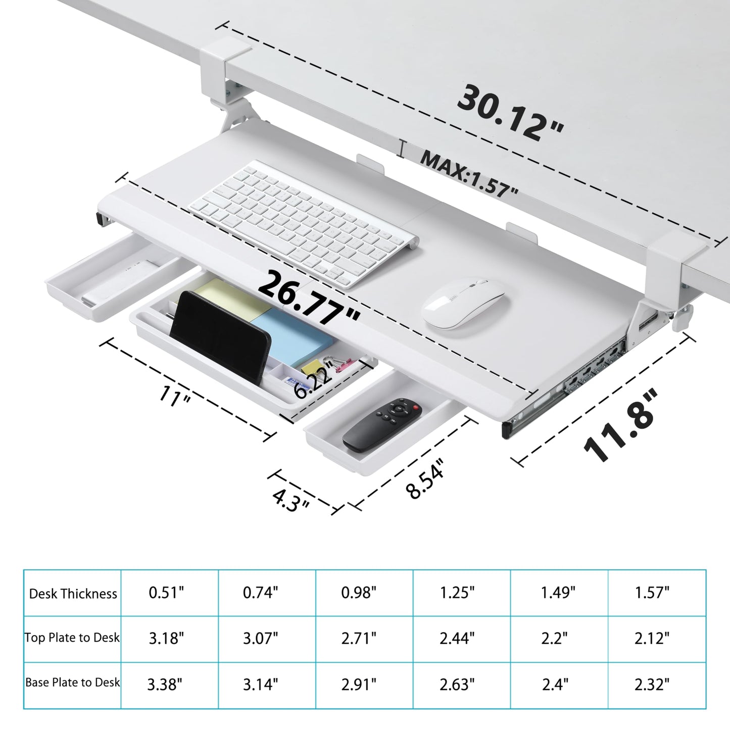 ETHU Keyboard Tray for Corner Desk - Under Desk Keyboard Shelf with C-Clamp, 26.8" x 11.8" Keyboard Tray with Soft-Close Sliding for L-Shaped Desks up to 1.57" Thick, White