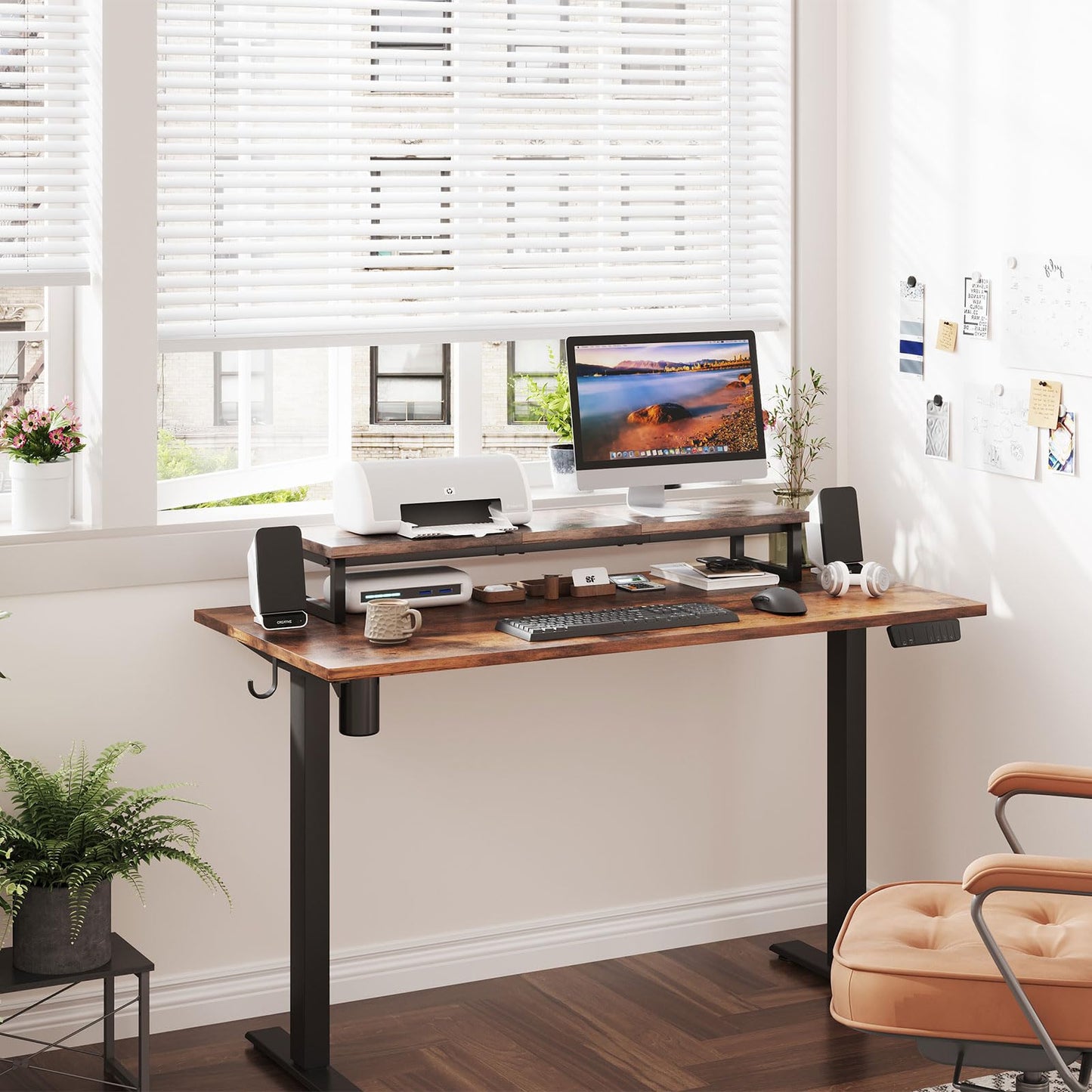 CAIYUN Dual Monitor Stand Riser, 39 inch Desk Riser Organizer for Computer, Laptop, Printer, Brown TV Screen Riser