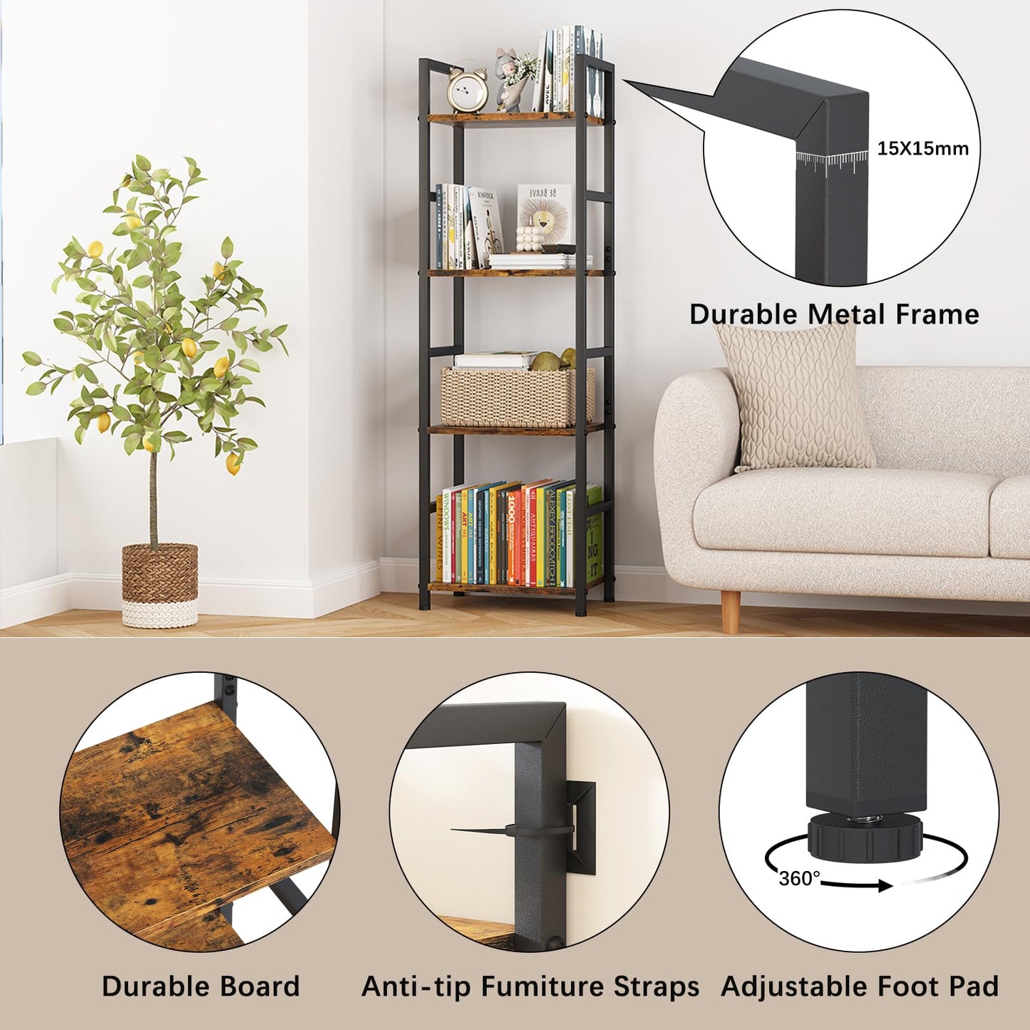 Katrawu 4 Tier Bookshelf, Small Book Shelf Industrial Bookcase, Metal Narrow Book Case Book Storage Organizer,Bookshelves for Bedroom Office Living Room(4 Tier,Rustic Brown)
