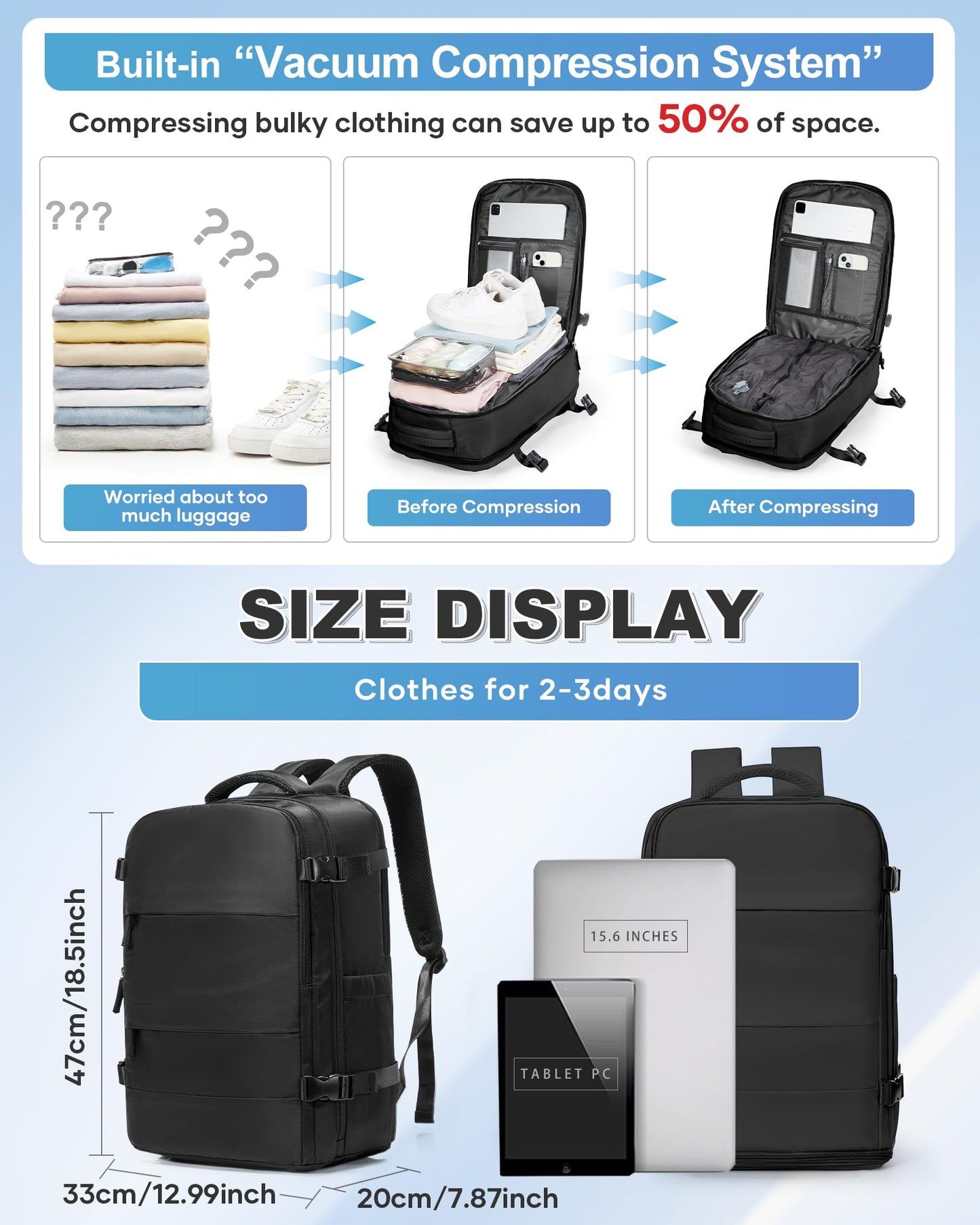 VGCUB Vacuum Backpack Travel with Pump Compression Travel Backpack with Vacuum System Weekender Waterproof Personal Item Bags for Women Men Carry on Luggage for Airplanes Black