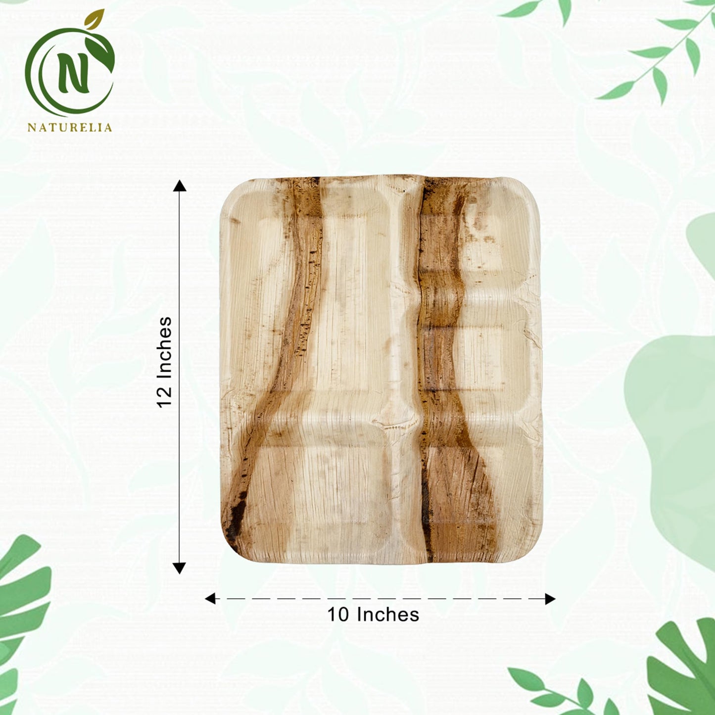 Naturelia 100% Compostable 12-Inch Palm Leaf Disposable 5 Partition Rectangle Plates- Premium Eco-Friendly, Biodegradable, Microwave-Safe Palm Leaf Dinnerware for Parties and Events