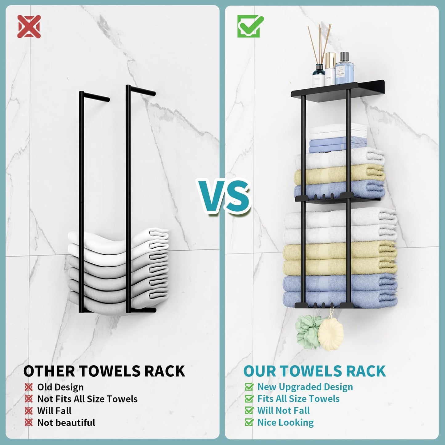 Towel Racks for Bathroom, No Drilling Towel Holder Towel Rack, Towel Storage Wall Mounted, Adjustable Towel Rack Bathroom Storage, Bathroom Towel Holder Towel Shelf for Rolled or Folded Towels, Black