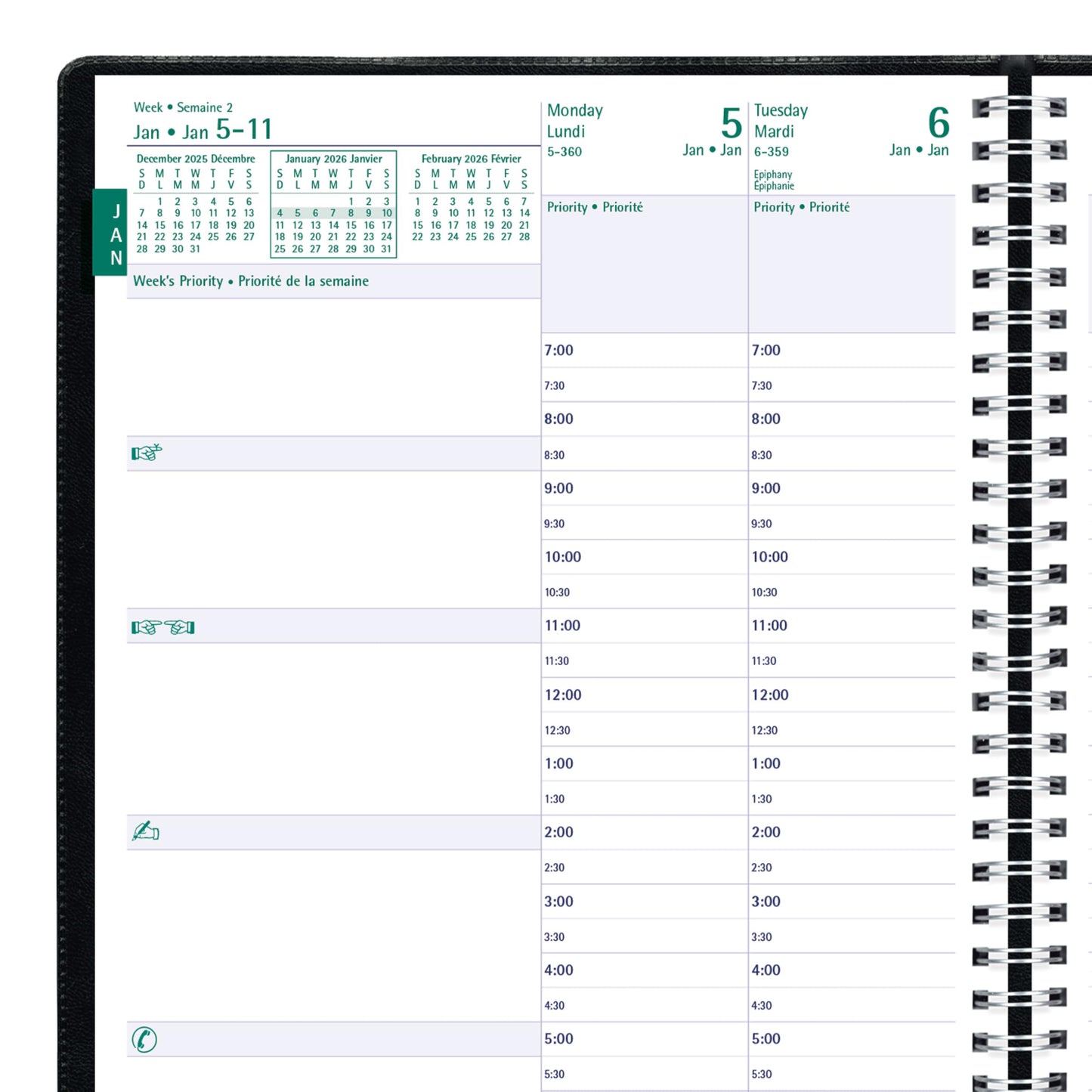 Blueline® 2026 Timanager® Planifi-Action® Weekly/Monthly Planner, Appointment Book, 13 Months, December to December, Twin-Wire Binding, 8.5" x 6.75", Black, Bilingual (CBBM2.BLK-26)