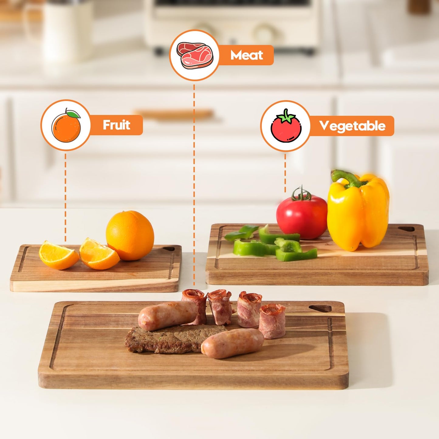HOMKULA Acacia Wood Cutting Boards for Kitchen Non Toxic, Reversible Wooden Cutting Board with Juice Groove, Wood Chopping Board for Meat, Vegetables and Fruits, Set of 3 (S+M+L)
