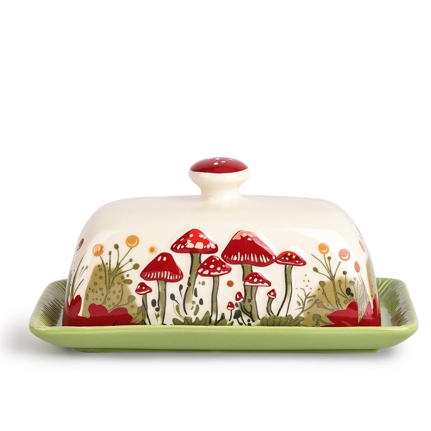 Fungi Fun Mushroom Butter Dish with Lid for Countertop Ceramic Butterdish, Red Mushroom Butter Container, Butter Tray Large Butter Dish Covered (White & Red Mushroom Butter Dish)