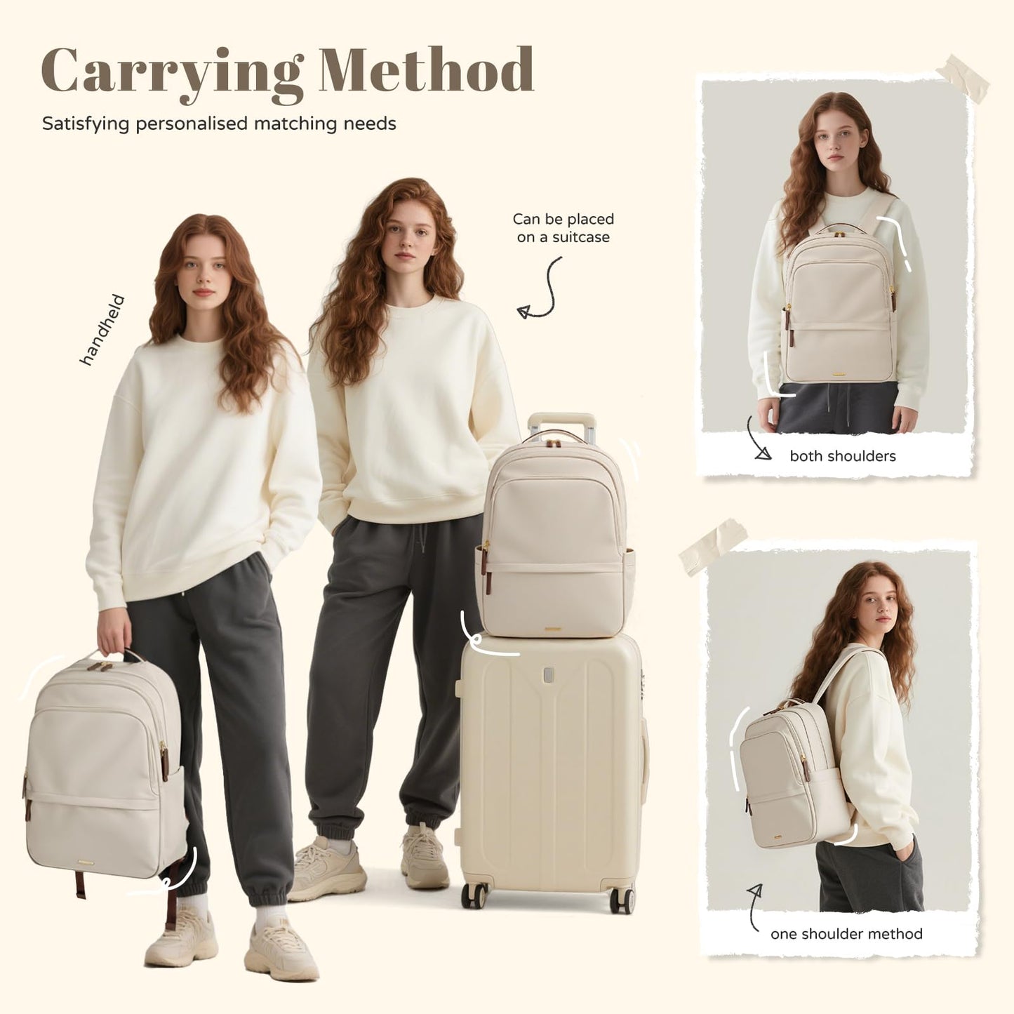 Multifunctional Laptop Backpack for Work Travel Leisure Water-Resistant Multiple Compartments Business Backpack for Women Fits 15.6 Inch Notebook (Apricot)