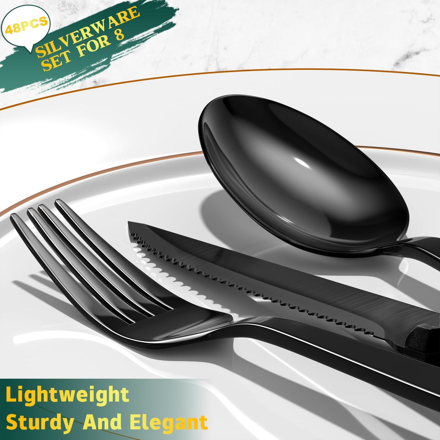 48-Piece Black Flatware Set with Steak Knives for 8, Yoehka Stainless Steel Cutlery Set Home Kitchen Eating Utensils Set, Tableware Include Fork Knife Spoon, Mirror Polished