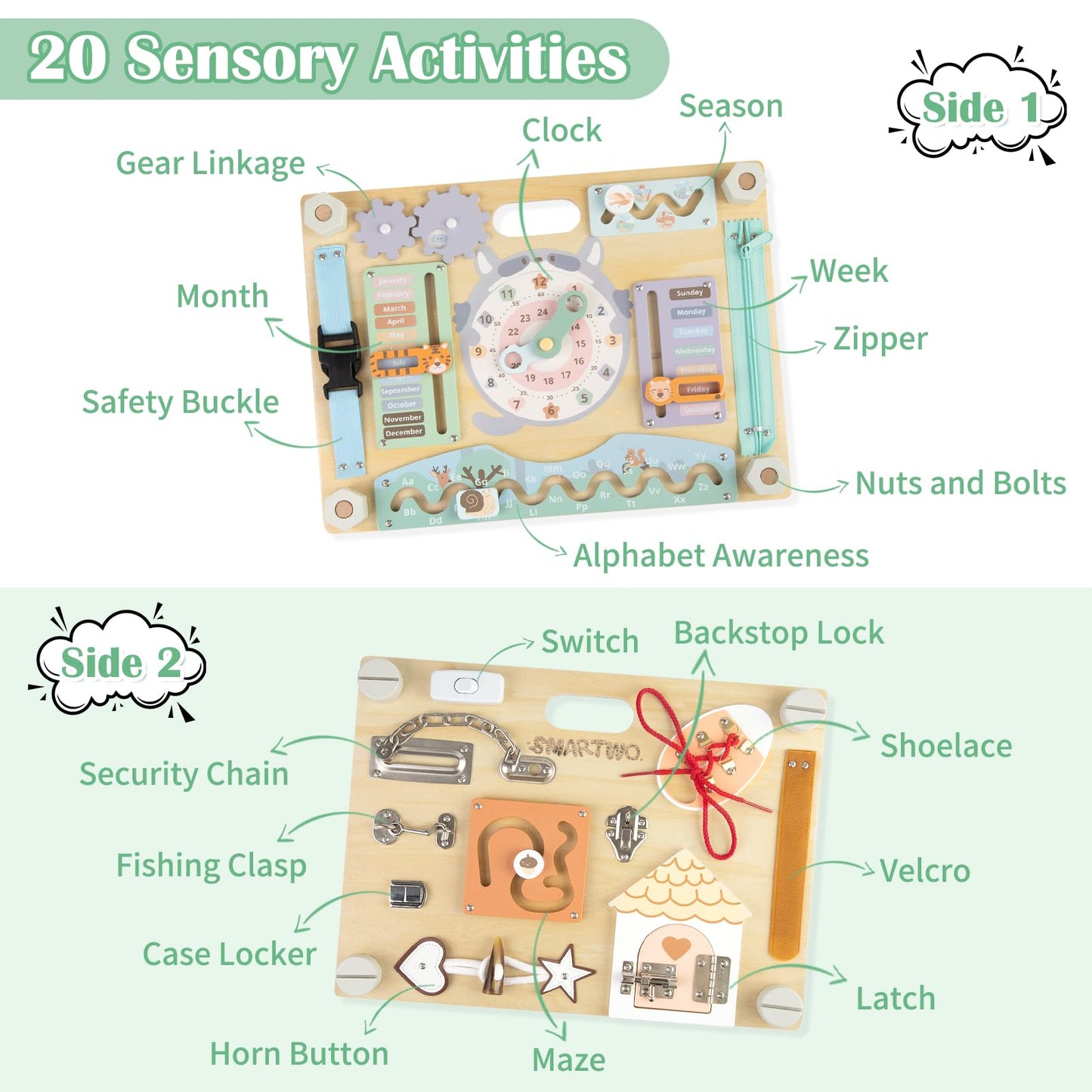 Smartwo Double-Sided Montessori Busy Board for Toddlers Sensory Activities, Educational Learning Toy Wooden for Kids Aging 3 to 5 Years Old, Ideal Choice for Baby Girls Boys Gift (Safari Theme)