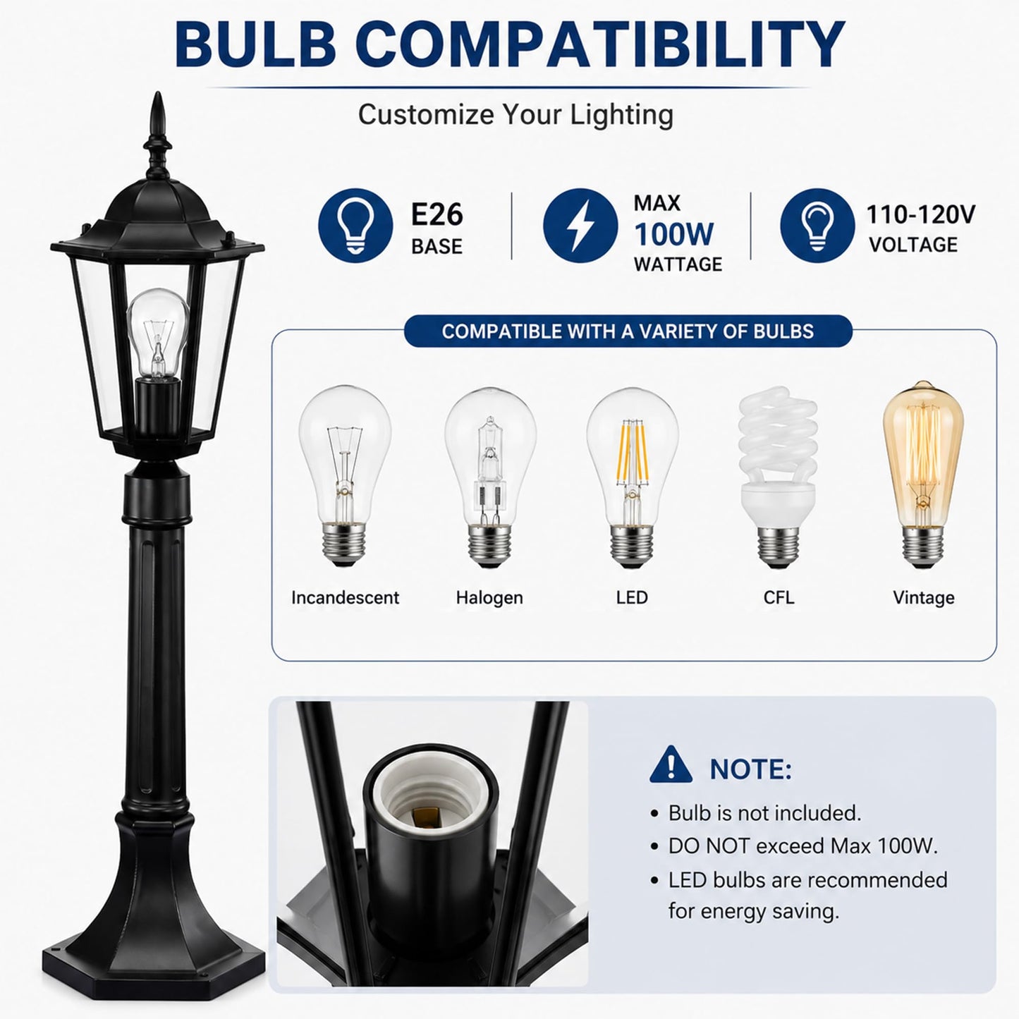 42" Outdoor Post Light Fixture, Hardwired Black Surface Mount Lamp Post Light with Clear Glass, Adjustable Height Aluminum Outdoor Pole Light, E26 Post Lantern for Yard, Garden, Driveway, Patio