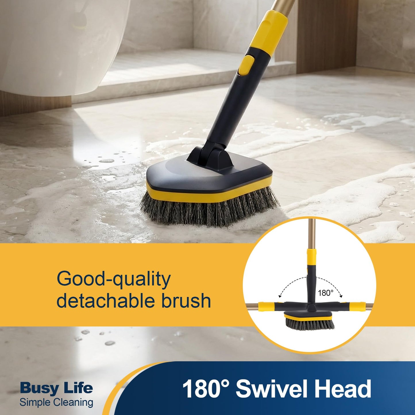 Yocada Tub Tile Scrubber Brush 2 in 1 Cleaning Brush 58.2 Inch Adjustable Telescopic Pole Stiff Bristles Scouring Pads for Cleaning Bathroom Kitchen Toilet Wall Tub Tile Sink Non Scratch