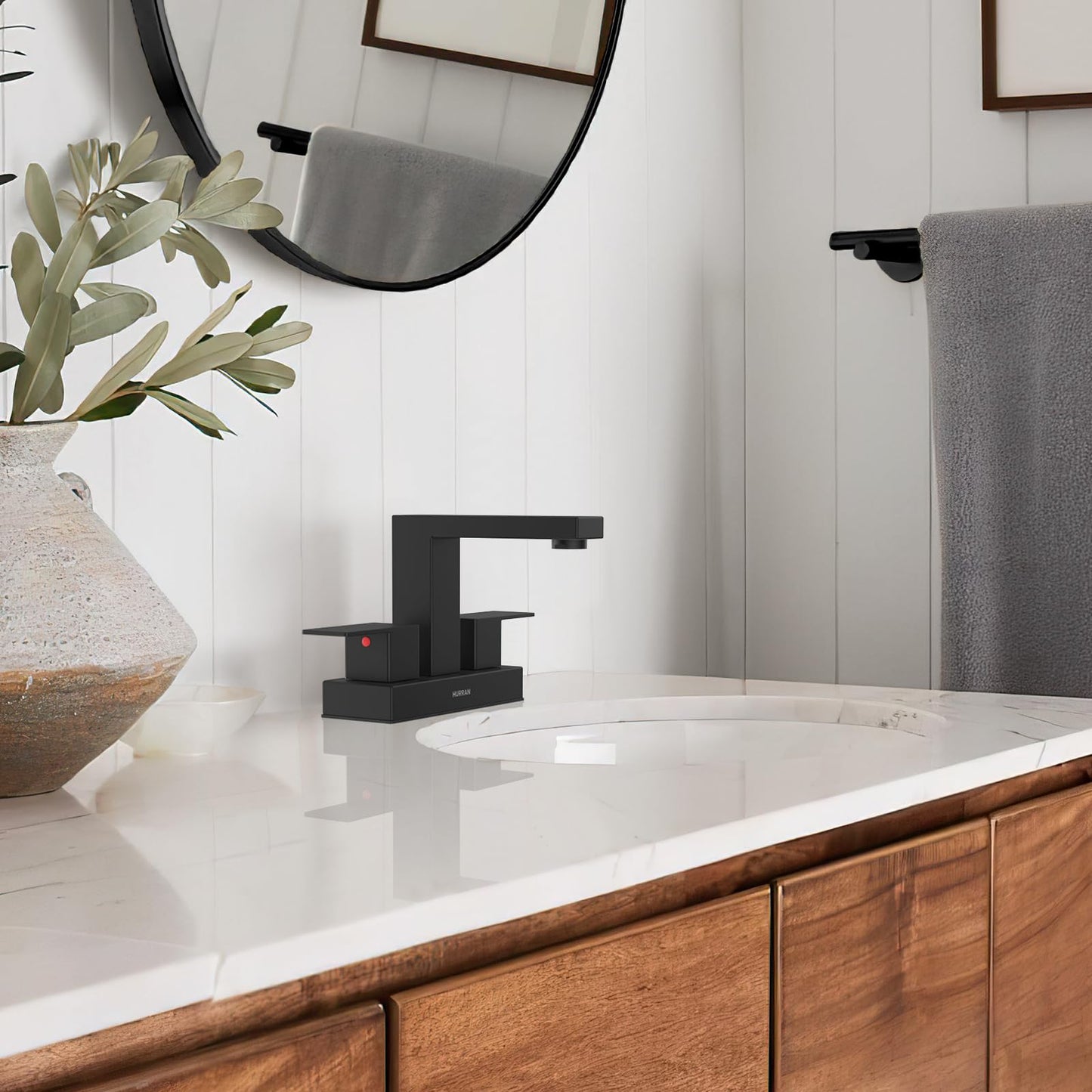 Matte Black Bathroom Sink Faucet, Hurran 4 inch Bathroom Faucets for Sink 3 Hole with Pop-up Drain and Supply Lines, Stainless Steel 2-Handle Faucet for Vanity RV Restroom