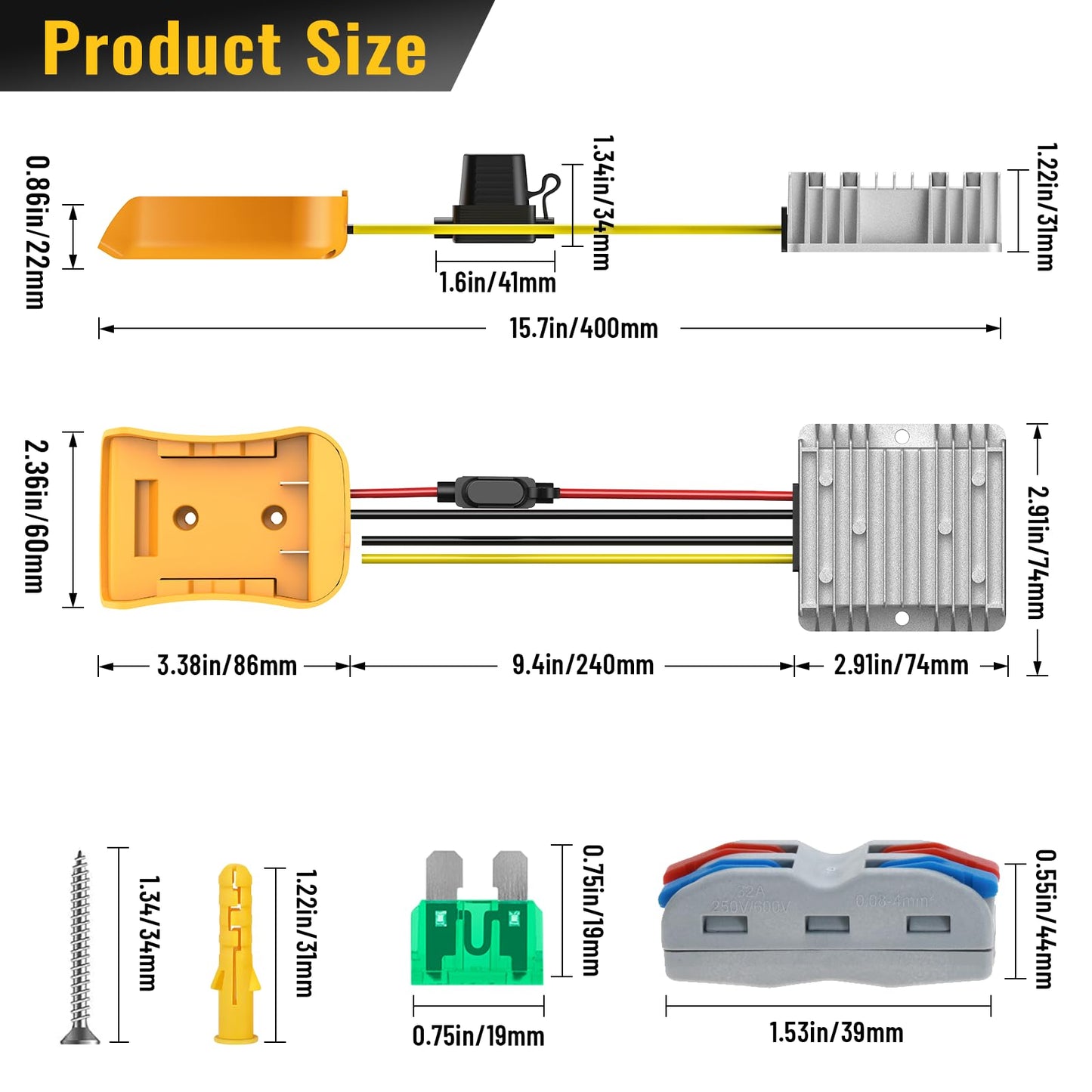 20V to 12V Step Down Converter Compatible with De-Walt 20V Power Wheel Battery Adapter, DC 12V 20A 240W Buck Converter Regulator with 30A Fuse & Wire Terminal