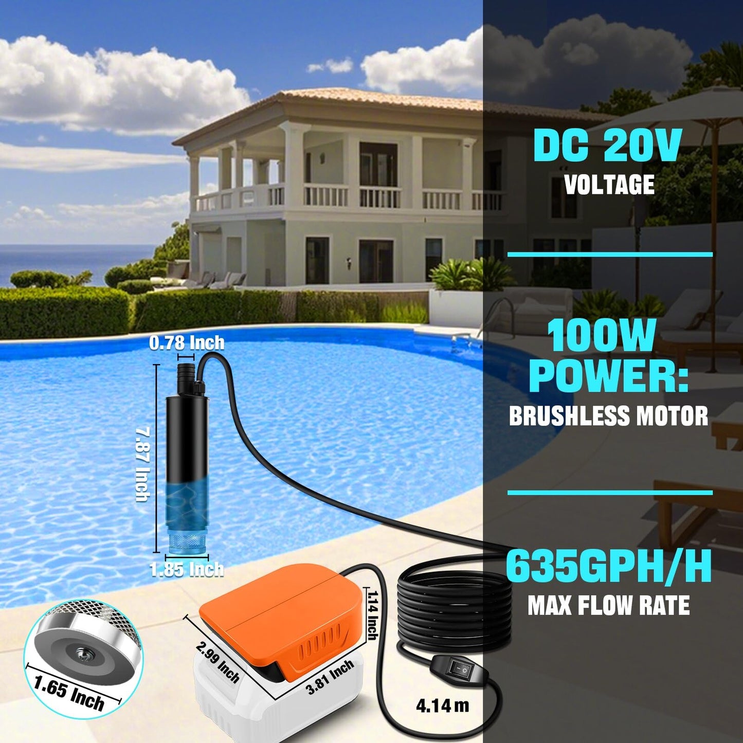 Cordless Submersible Water Pump for Dewalt 20V/60V Battery,635GPH Portable Transfer Water Pump for Camping Tub Garden RV Pond Draining Job Sites(No Battery)