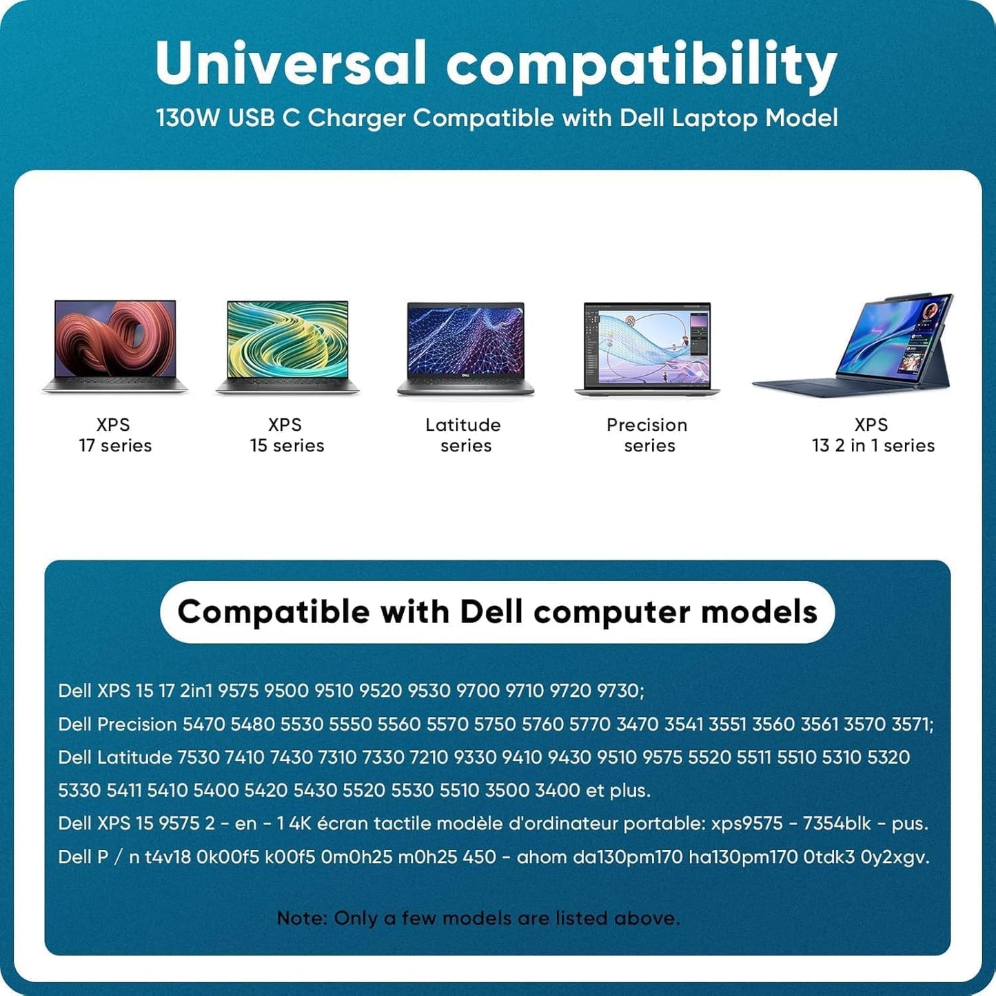 130W USB C Laptop Charger for Dell XPS 15 17 2in1 9575 9500 9510 9520 9530 9700 9710 9720 9730 Precision 5530 5550 5560 5570 5750 5760 3560 3570 3571 Latitude 5520 5420 5510 7410 7310 7210 9410 9510
