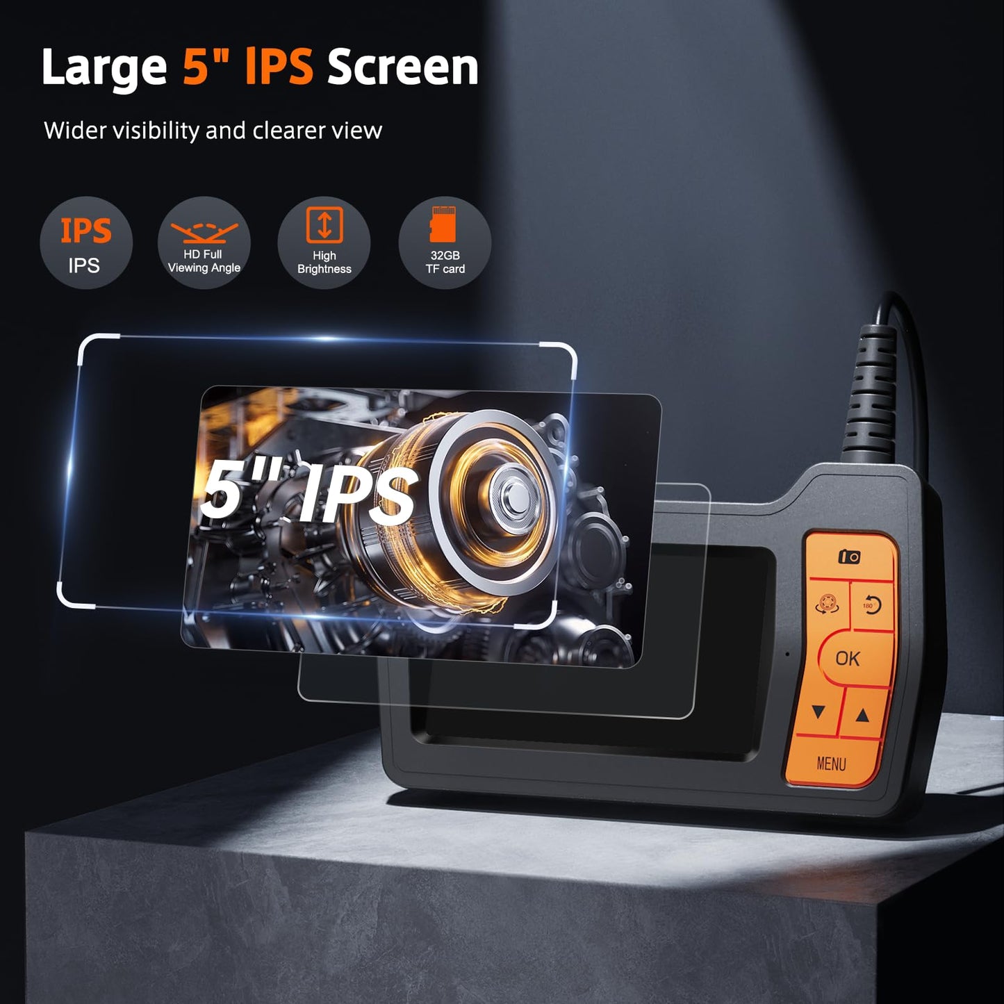 Triple-Lens Borescope Inspection Camera With 50 FT Semi-Rigid Cable, 5" IPS Screen Endoscope With Light, 1080P Sewer IP67 Drain Snake, 32G Storage Card, Carrying Case