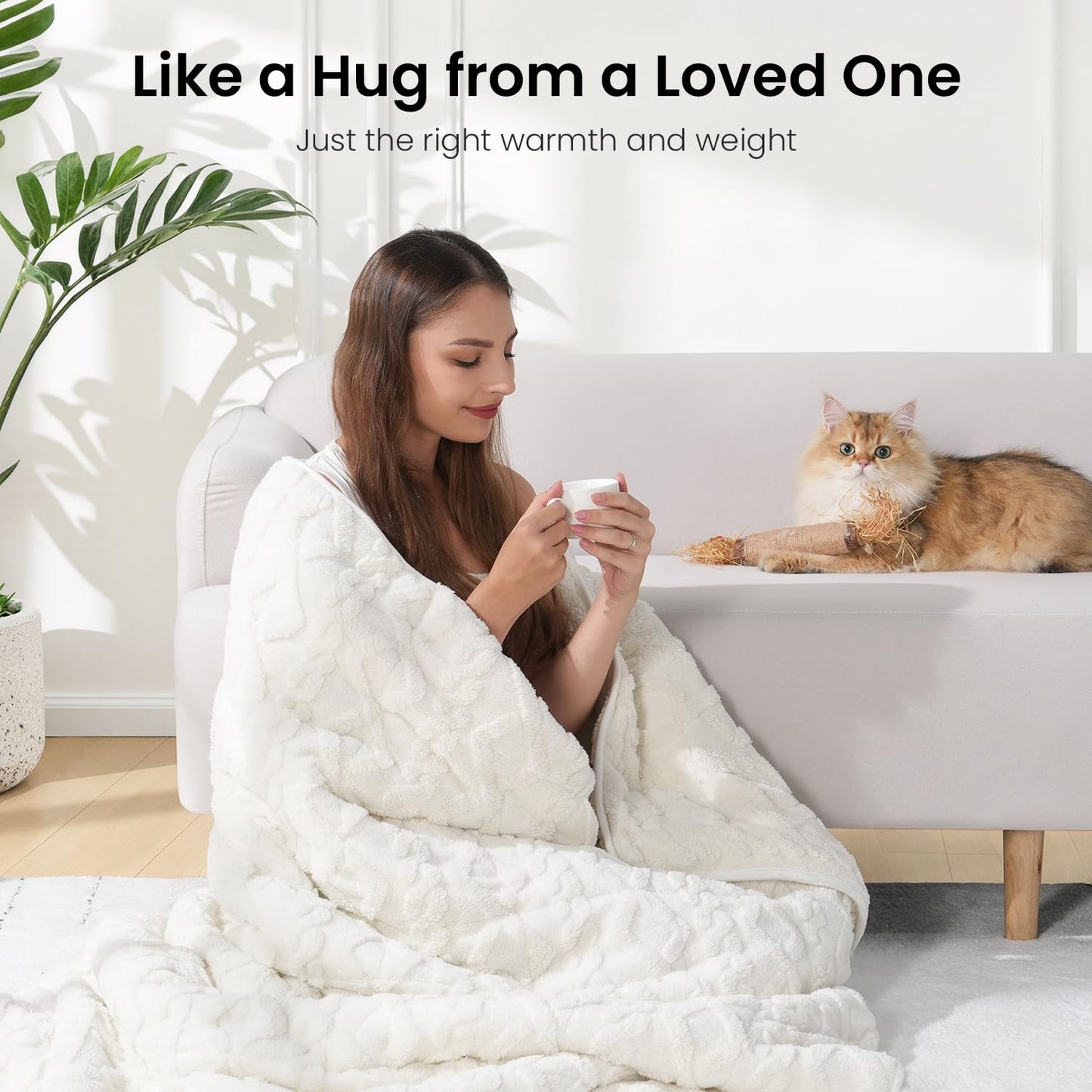 Weighted Blanket for Adults 15lbs, Drewin Soft and Thick Jacquard Sherpa Heavy Blanket for Calming and Relax, Dual Sided Ultra Soft Fuzzy Throw Blanket with Ceramic Beads, 60 x 80 inches, Cream White