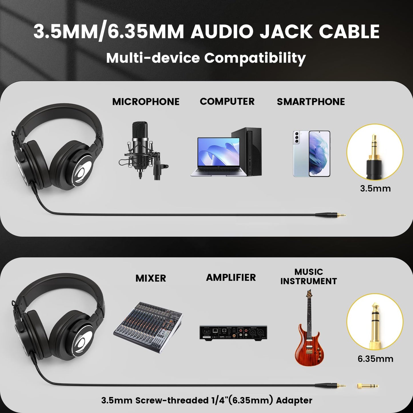 talomen W50X Wired Over-Ear Studio Headphones, Podcast Closed Back Headsets with 50mm Neodymium Drivers, 3.5mm/6.35mm Jack for Monitoring AMP Computer Recording Mixing DJ Guitar Keyboard, Black