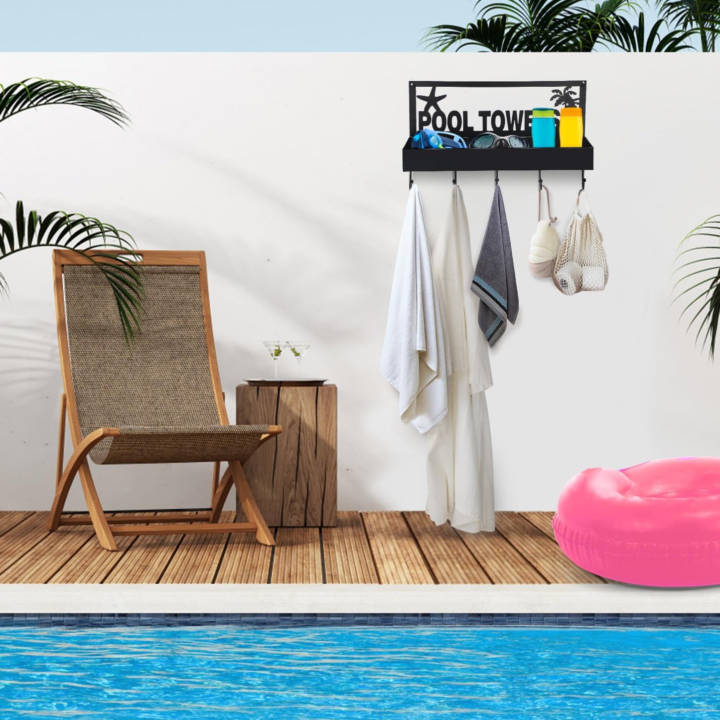 Pool Towel Rack - 2-in-1 Outdoor Poolside Beach Washcloth Drying Rack Holder, Wall Mounted Metal Hooks Decor for Bath Towel Storage, Robe Swimsuit, Coat, Bags, Phone, Keys - Black
