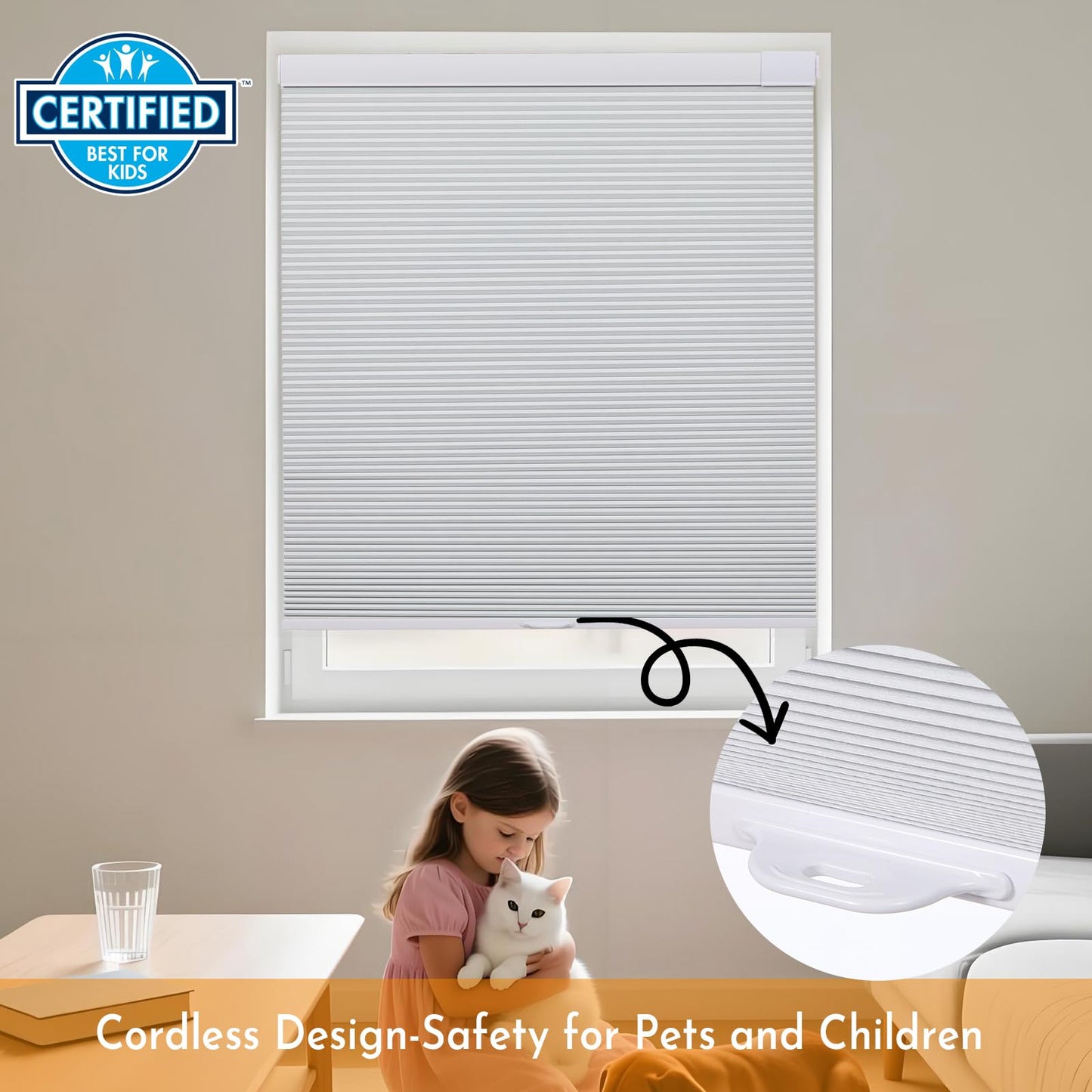 Persilux No Drill No Tools Blackout Cellular Shades for Windows, Cordless Honeycomb Blinds, UV Protection Energy Saving Pleated Blinds for Indoor Windows, White, 22" W x 64" H