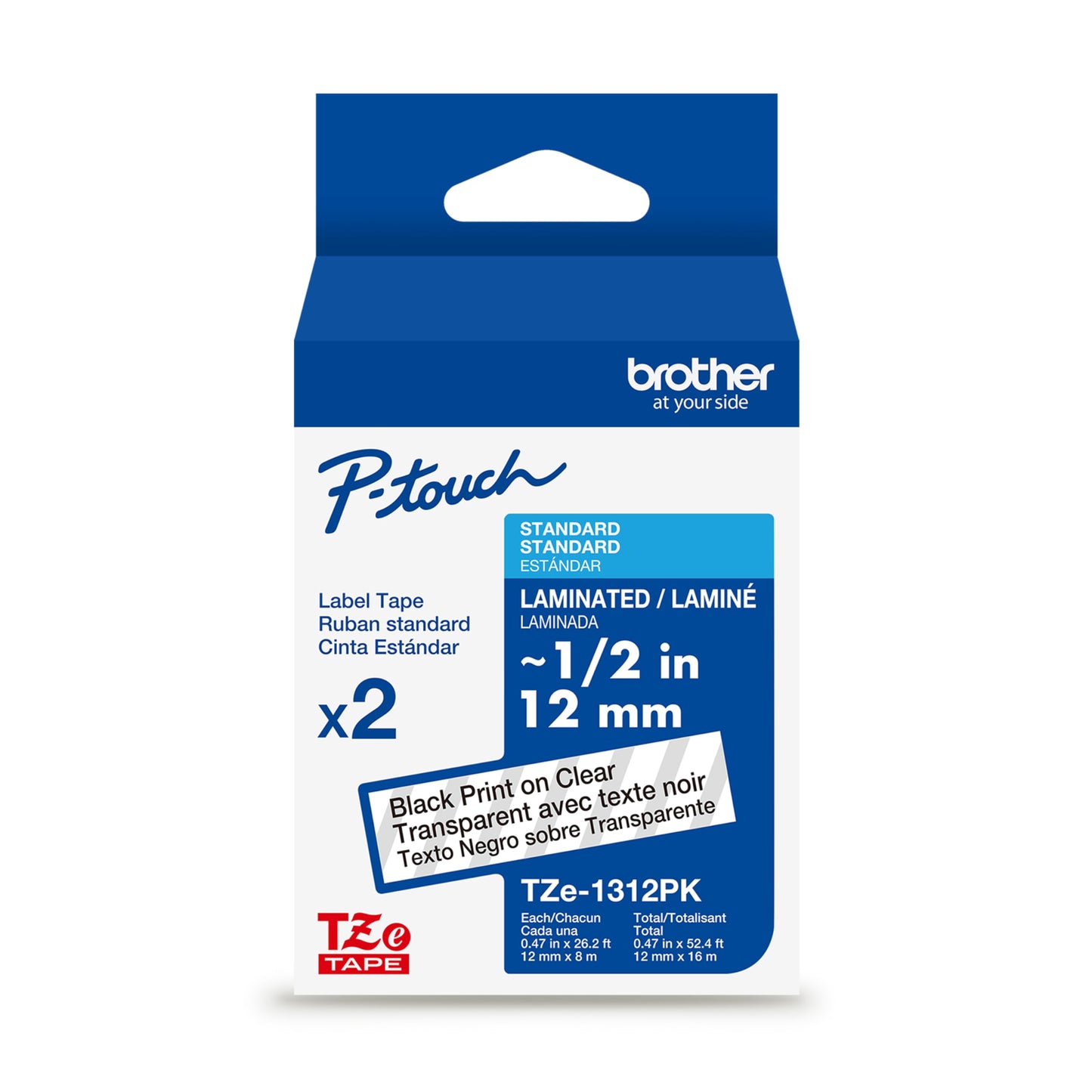 Brother Genuine TZe131~1/2" 2PK Black Print on Clear Label Tape. Each: 0.47 in x 26.2 ft (12 mm x 8 m) Total: 0.47 in x 52.4 ft (12 mm x 16 m)