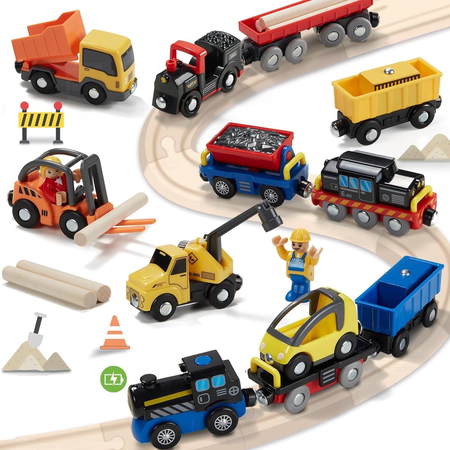 Giant bean 12PCS Vehicles Battery Operated Train Car Set, Magnetic Mini Construction Set for Wooden Train Track, Bulk Car Toys for Toddlers Age 3 4 5 Boys Girls Kids, Fits Most Brands