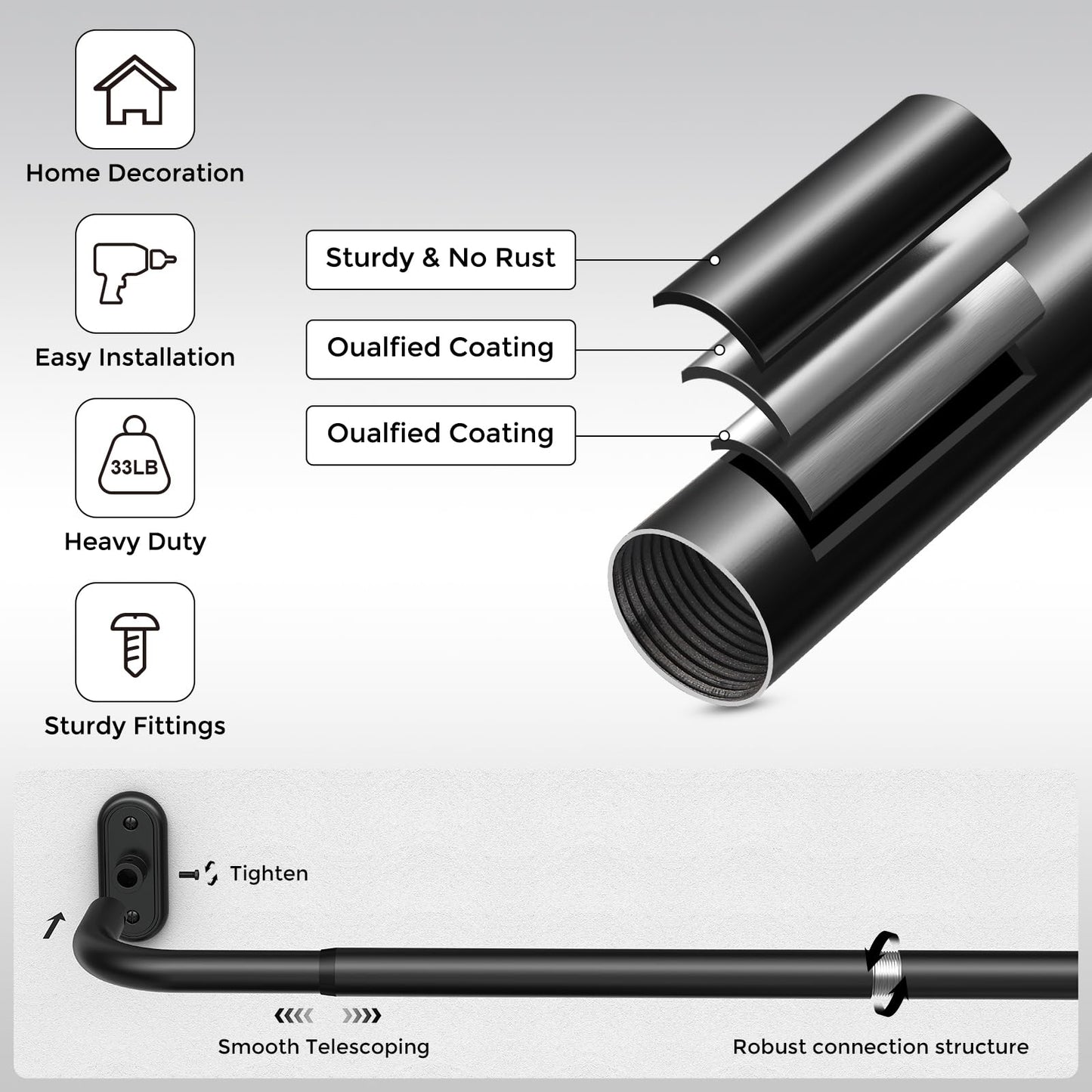 JRZOO Wrap Around Curtain Rods Black, Blackout Heavy Duty Curtain Pole for Windows 48 to 84 Inch, 1" Decorative Room Darkening Curved Modern Drapery Rod (Matte Black/Unique Design/All Matel)