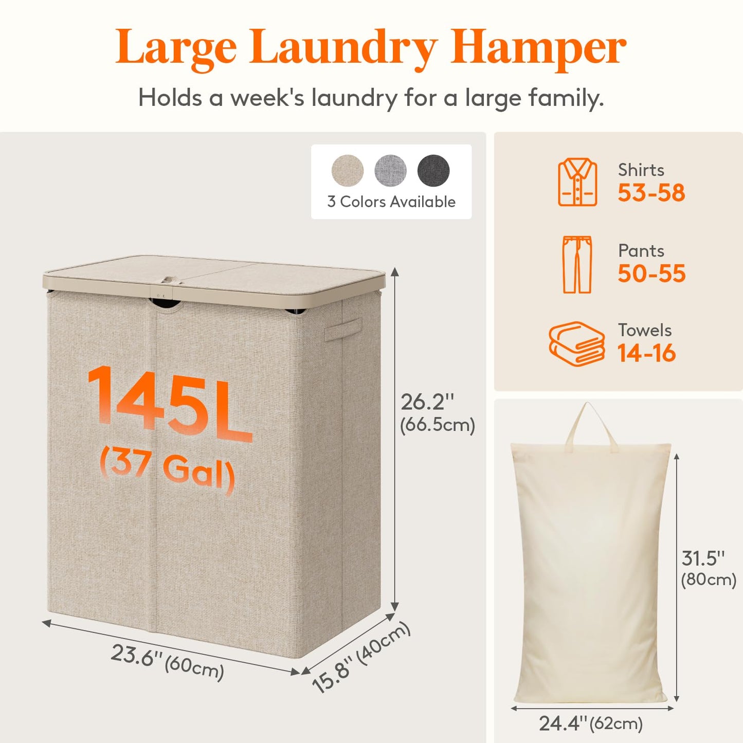 Lifewit 145L 2 Sections Laundry Hamper with Lid, Large Double Laundry Basket with Removable Bags, Plastic Tall Divided Dirty Clothes Hamper for Bedroom, Bathroom, Dorm, Laundry Room, Beige