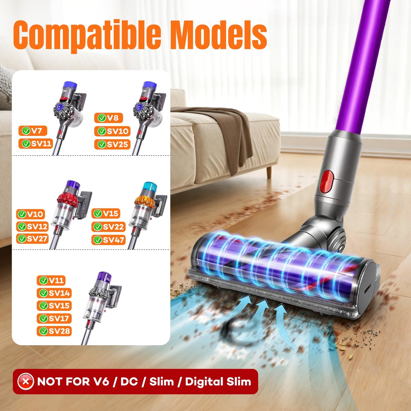 Direct Drive Cleaner Head Turbine Floor Tool Compatible with Dyson V7 V8 V10 V11 V15 Cyclone Cordless Vacuum Cleaner, Motorhead Cleaner Head Brush Turbine Tool, Replacement Part 967483-04