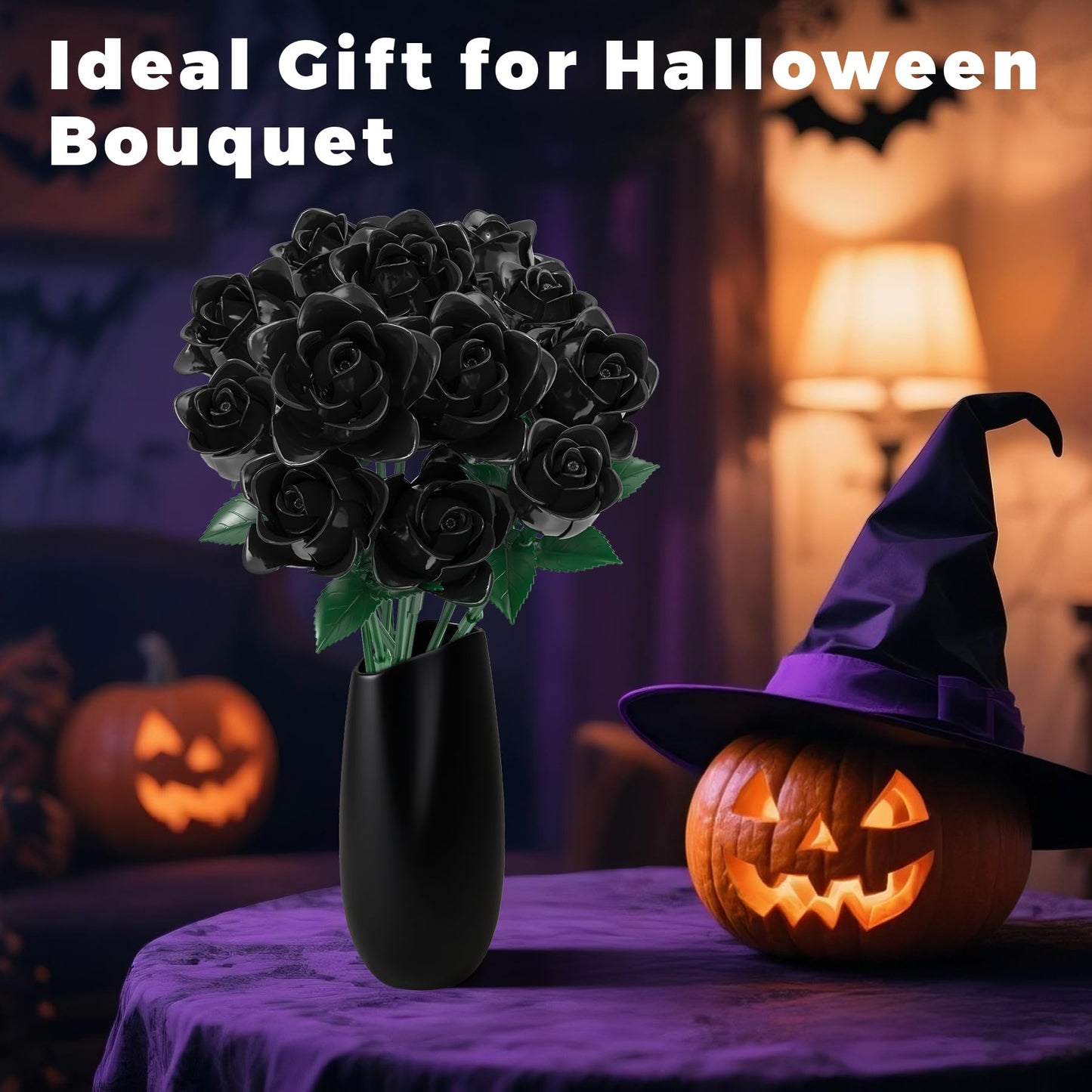 BeepZipp Black Roses Flower Bouquet Building Blocks Set, Artificial Flowers Blocks Kit Compatible with Lego Flowers, Halloween Decorations for Adults Teens (585PCS)