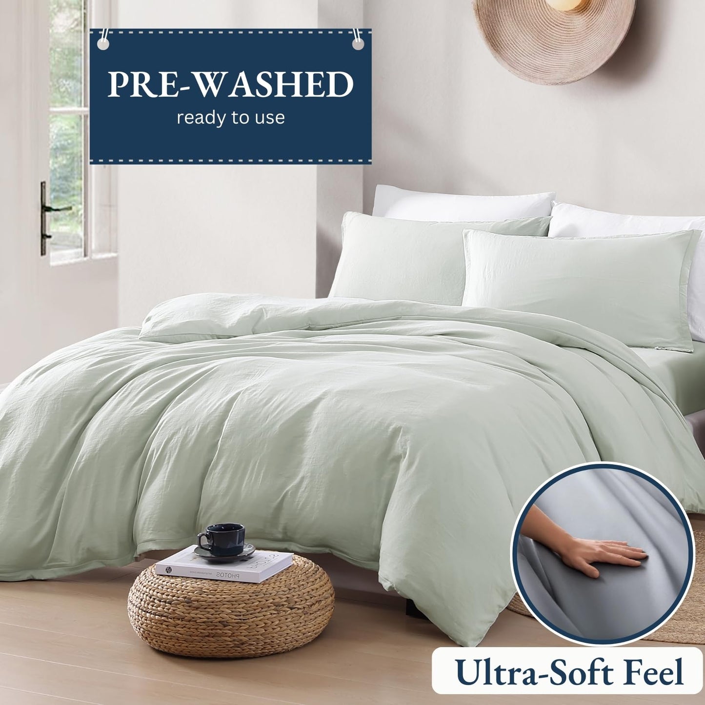 LANE LINEN Queen Duvet Cover Set 3 Piece - Prewashed Soft Brushed Microfiber Bedding with Zipper - Includes Duvet Cover & 2 Shams - Mineral