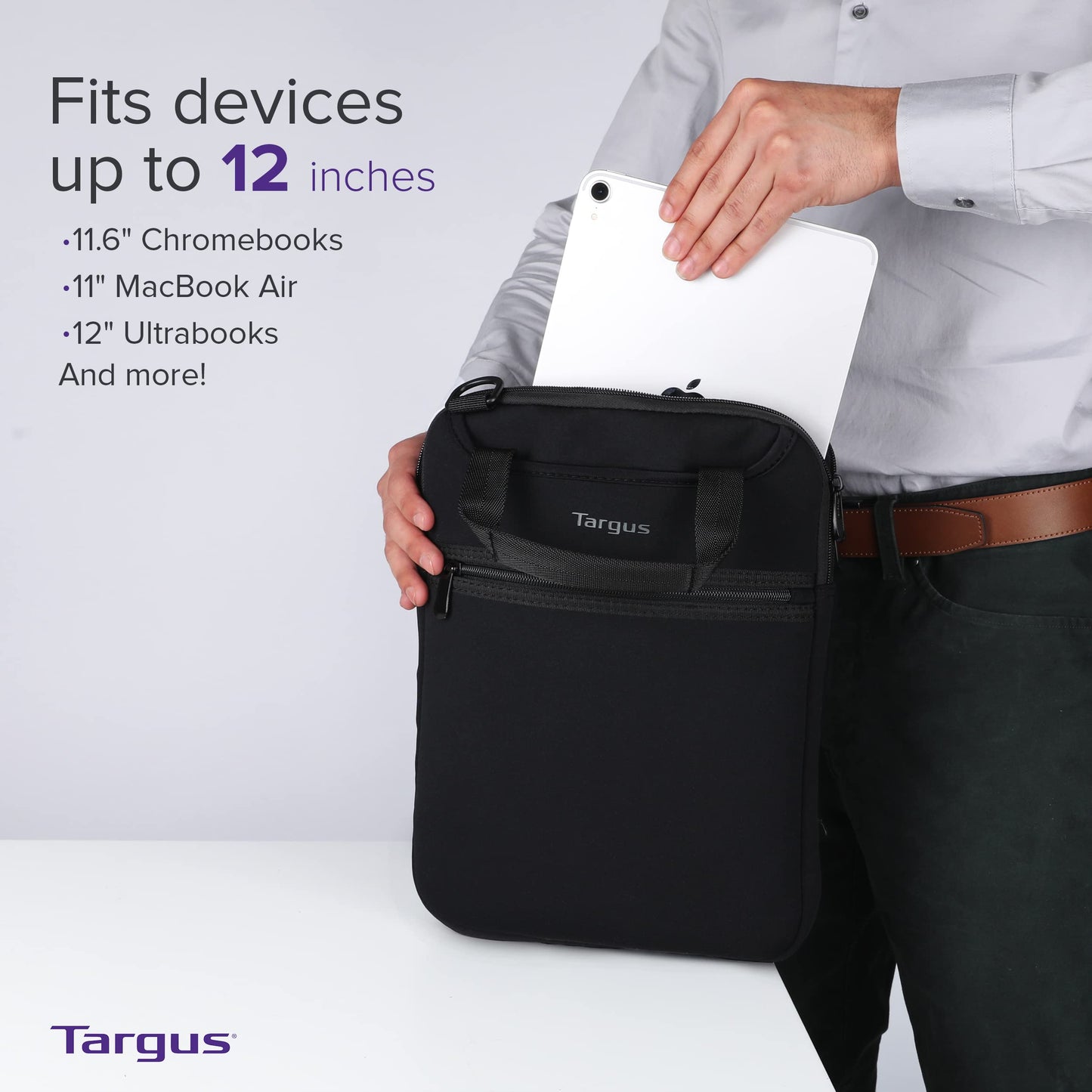 Targus Vertical Slipcase Secure Business Professional Travel Laptop Bag with Hideaway Handles, Cross Shoulder Strap, Protective Padding for 12-Inch Laptop, Black (TSS912)