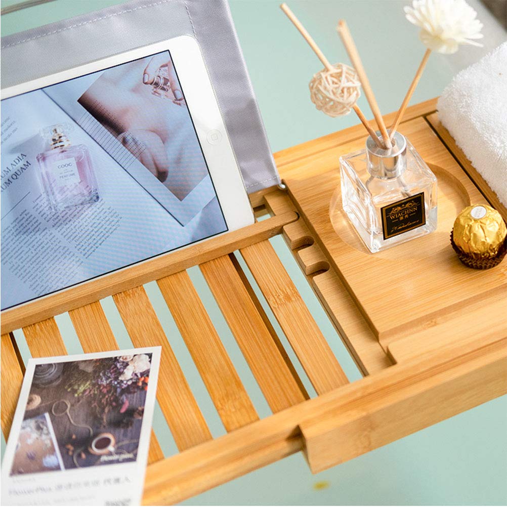 Bamboo Bathtub Caddy Tray, Bath Tub Tray with 12-in-1 Features Adjustable Bathtub Table, Non-Slip and Holds Books/Tablets/Cell Phone/Towels/Foods/Wineglass/Soap Dish (Double Box)