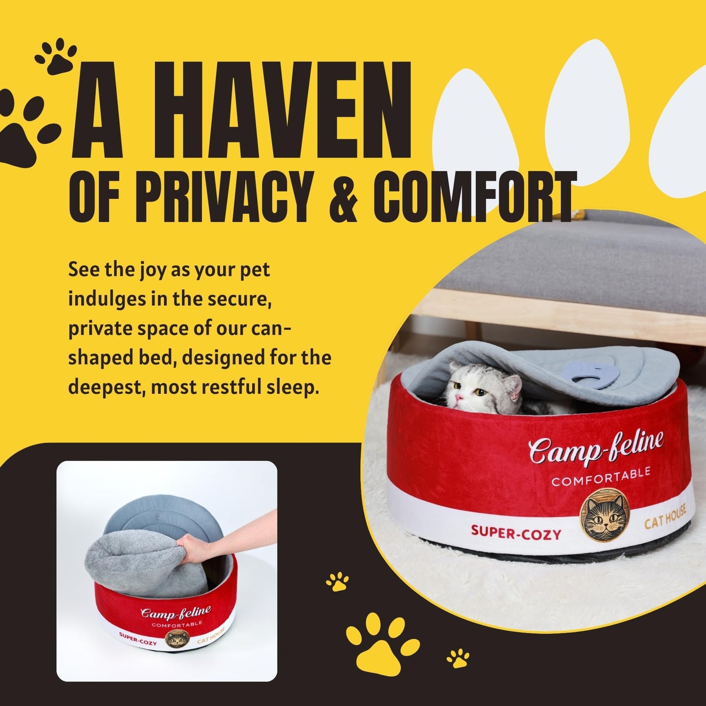 PECHVINO Can-Shaped Cat Bed – Ramen Bowl With Cover | Cute Enclosed Design With Ultra-Soft Cushion, Private & Cozy for Cats & Small Dogs