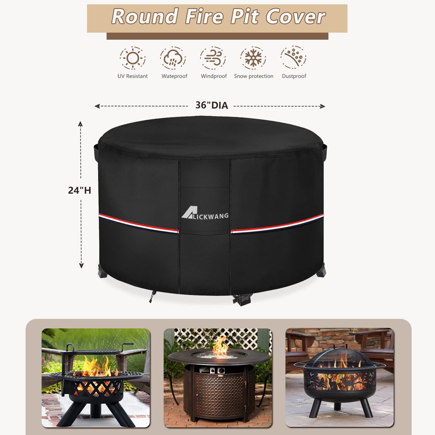 Alickwang Fire Pit Cover Round 36 Inch Waterproof,Outdoor Heavy Duty Durable 600D Tear-Resistant Fire Pit Table Cover,Patio Round Firepit Cover 36" D x 24" H, Black