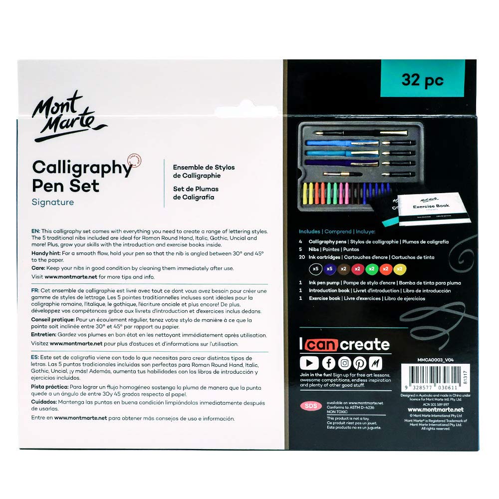 Mont Marte Calligraphy Set 33 Piece. Includes Calligraphy Pens, Calligraphy Nibs, Ink Cartridges, Introduction Booklet and Exercise Booklet.