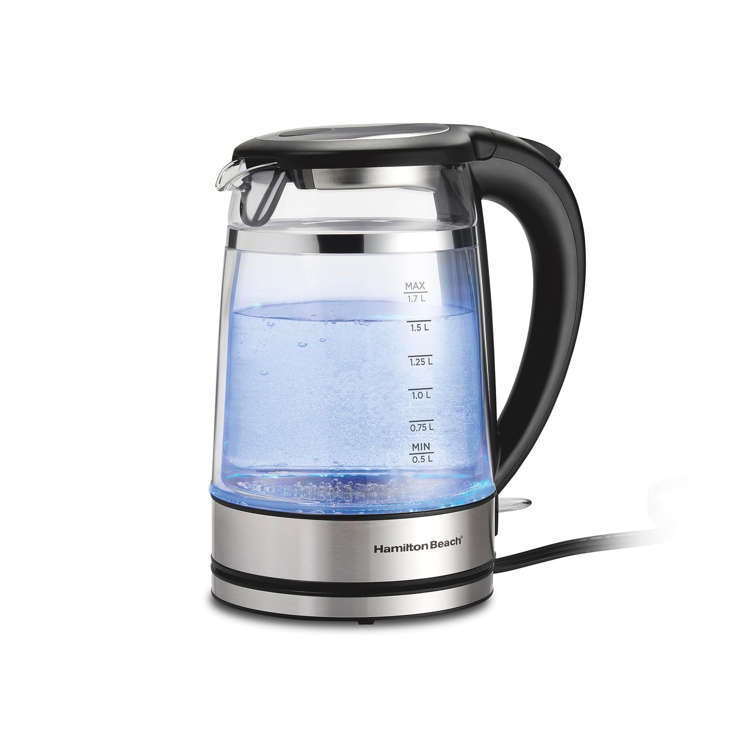 Hamilton Beach Double Wall Glass Electric Kettle, 1.7 L, 1500W, Color-Changing LED, Keeps Water Warm Longer, Cordless, Auto Shutoff & Boil-Dry Protection (40850)